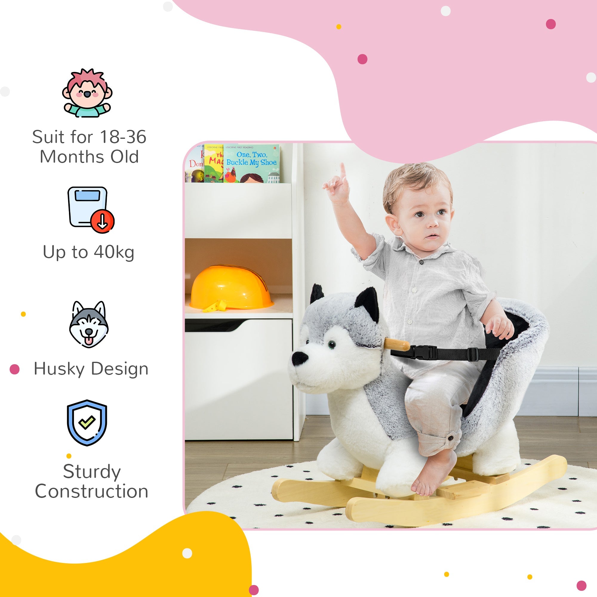 Qaba Husky Rocking Horse for Kids - Plush Ride-On Toy with Realistic Sounds & Seat Belt, 18-36 Months, Grey