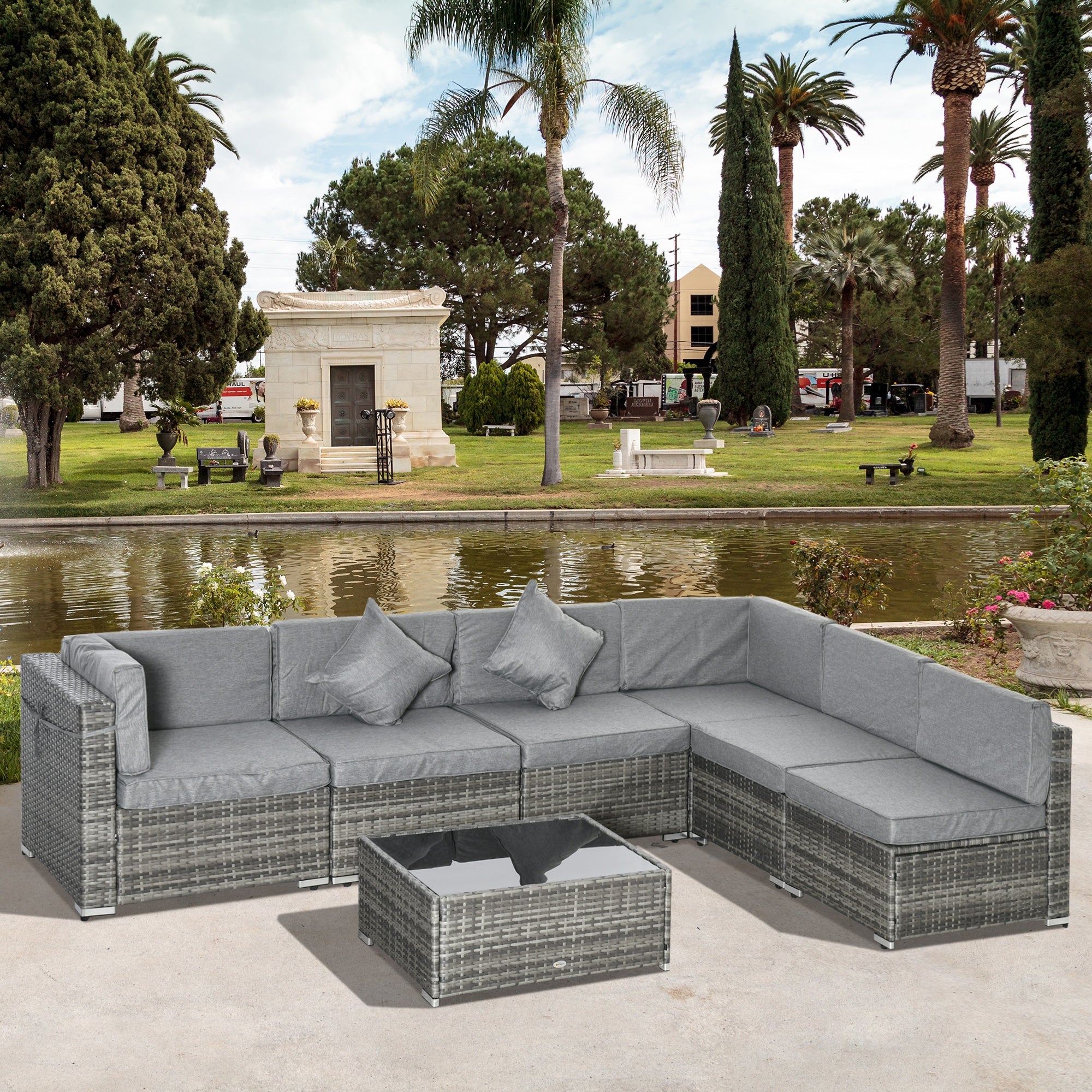 Outsunny 7pc Garden Wicker Sectional Set w/Tea Table Outdoor Wicker Sofa with Cushion, Grey