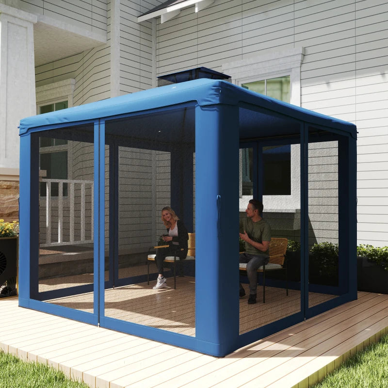 9.6' x 9.6' Patio Gazebo Outdoor Pavilion 2 Tire Roof Canopy Shelter Garden, Steel Frame w/ Mosquito Netting, Dark Blue