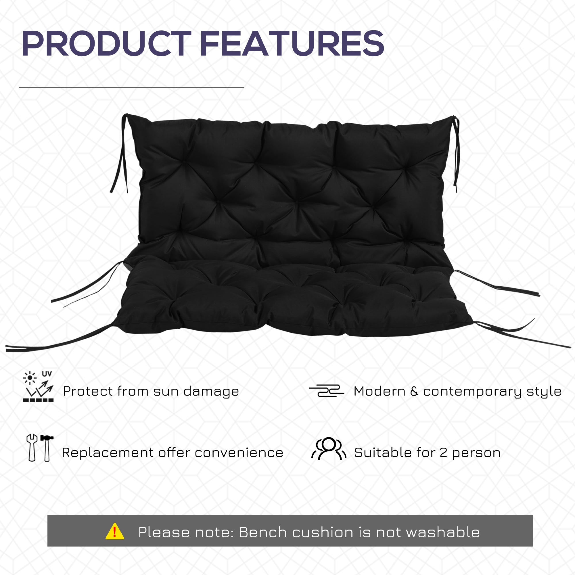 Outsunny Non-Slip Garden Bench Cushion 2 Seater Thick Pad Swing Chair Mat Replacement 39.25"x38.5" Black