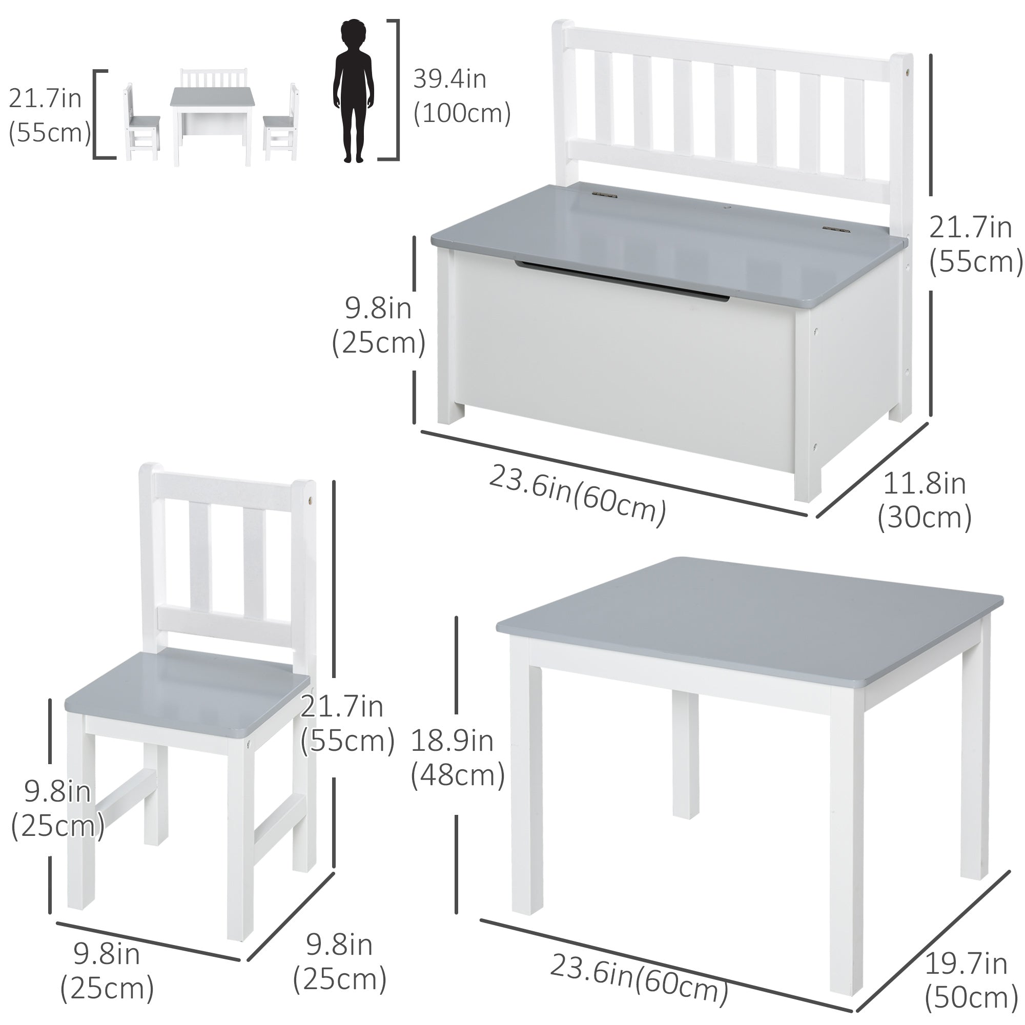 Qaba 4-Piece Kids Table Chair Bench Set: With Storage, Easy Clean, Grey/White for Boys & Girls