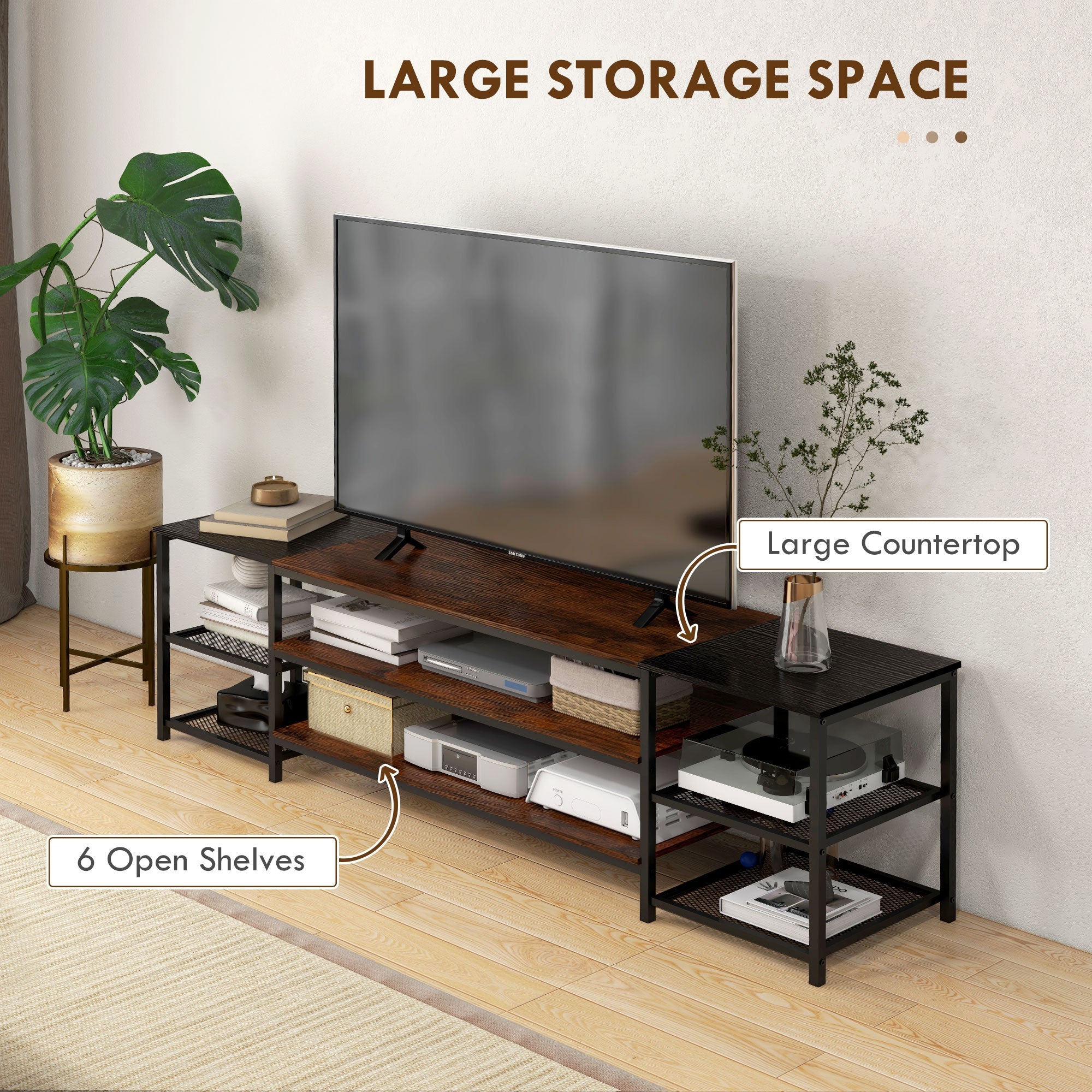 HOMCOM TV Stand: For 80" Screens, Industrial Design, Storage Shelf, Steel Frame, Living Room