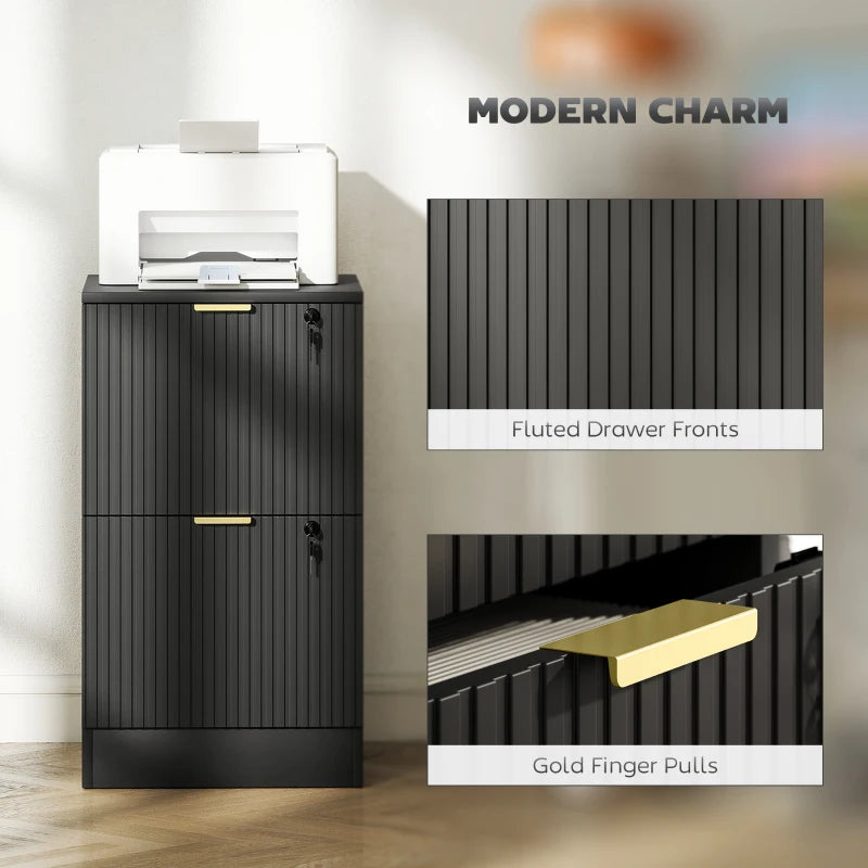 Lockable Filing Cabinet with 2 Fluted Drawers, File Cabinet with Adjustable Hanging Rails for A4 Letter Files, Black