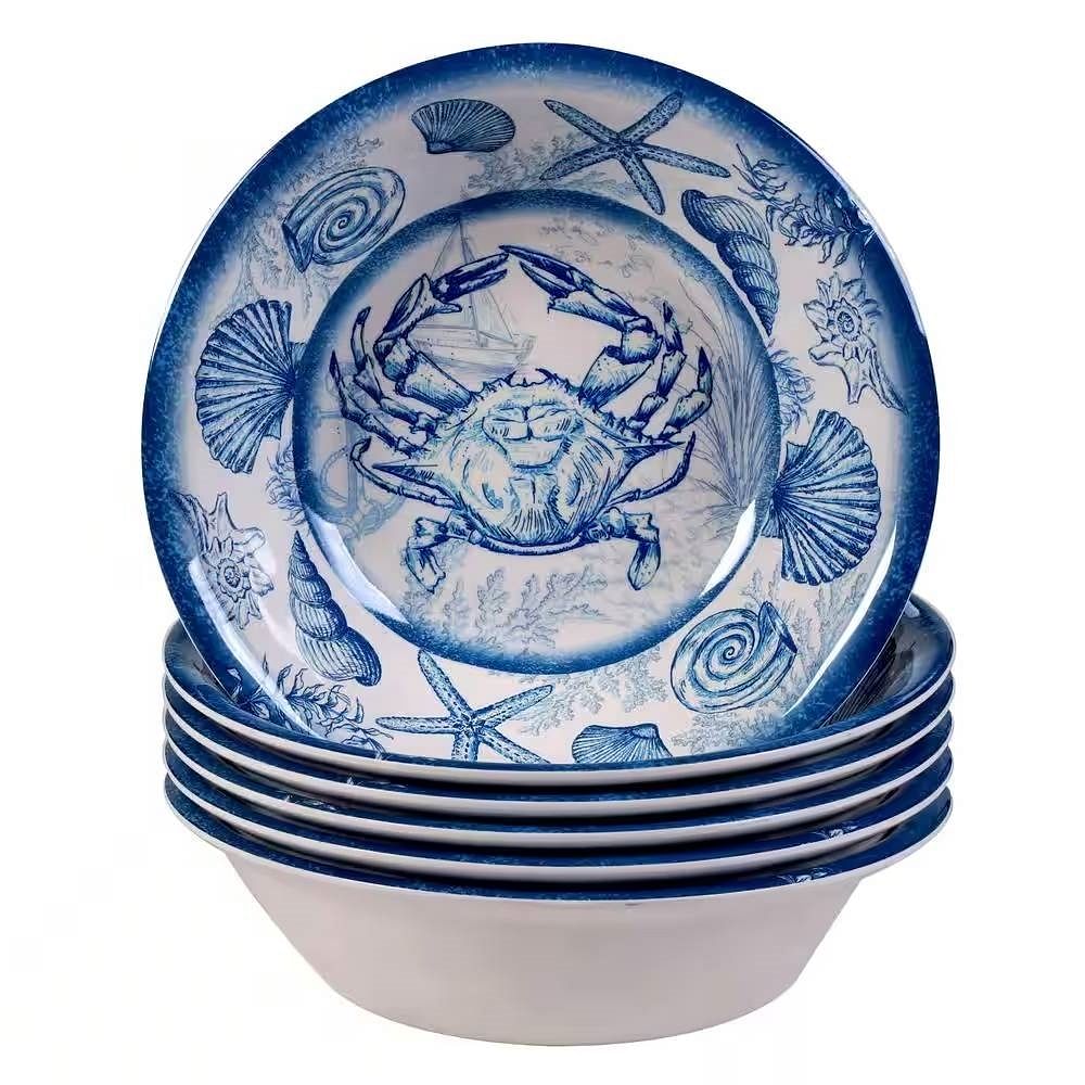 6-Piece Dinner Bowl Set with Blue White Ocean Sea Shells Crab Starfish Pattern - Free Shipping
