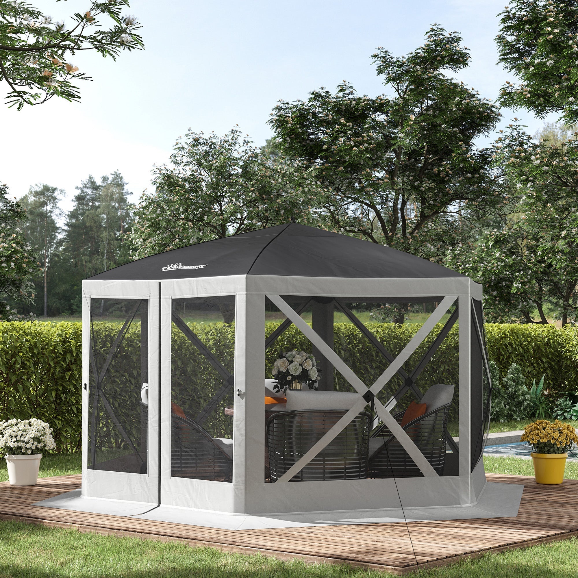 Outsunny 12'x12' Pop Up Screen Tent Outdoor Camping Gazebo with Mesh Sidewalls Carry Bag Grey