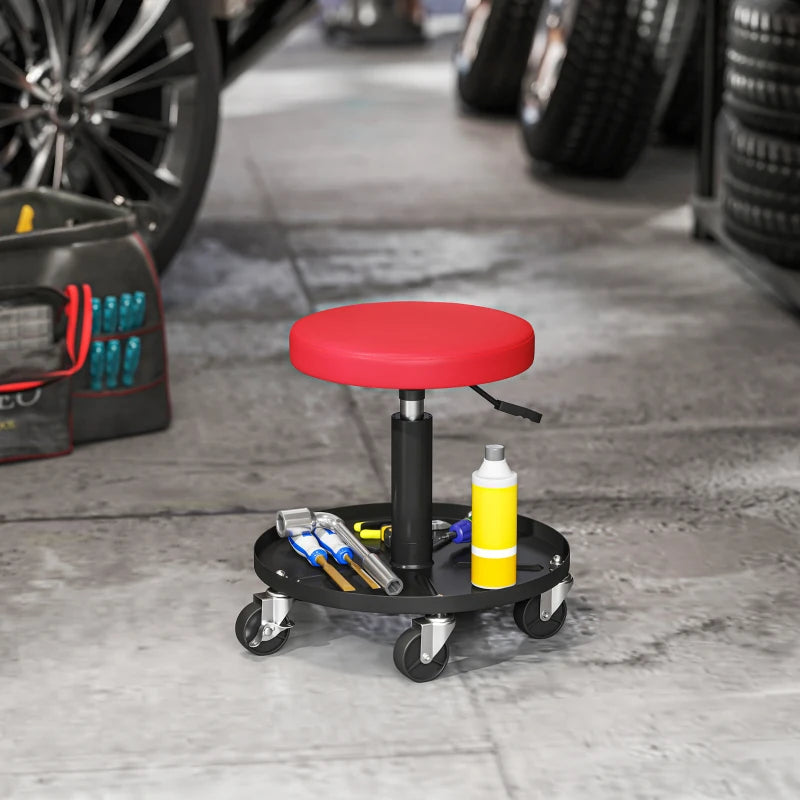 Rolling Garage Stool, 300 LBS Capacity Padded Mechanic Stool with 2.5" Wheels, Adjustable Height 15" -19.7", Red