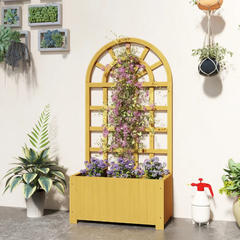 Wooden Raised Garden Bed with Lattice Trellis, Outdoor Elevated Planter Box with Drainage Holes for Climbing Plants