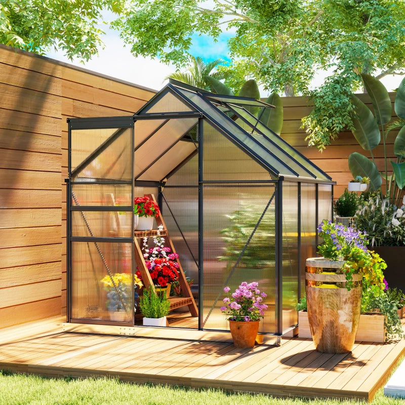 6' x 6' x 6.5' Polycarbonate Greenhouse, Walk-in Green House with Adjustable Roof Vent Galvanized Base Sliding Door Rain Gutter for Outdoor Garden Backyard, Grey