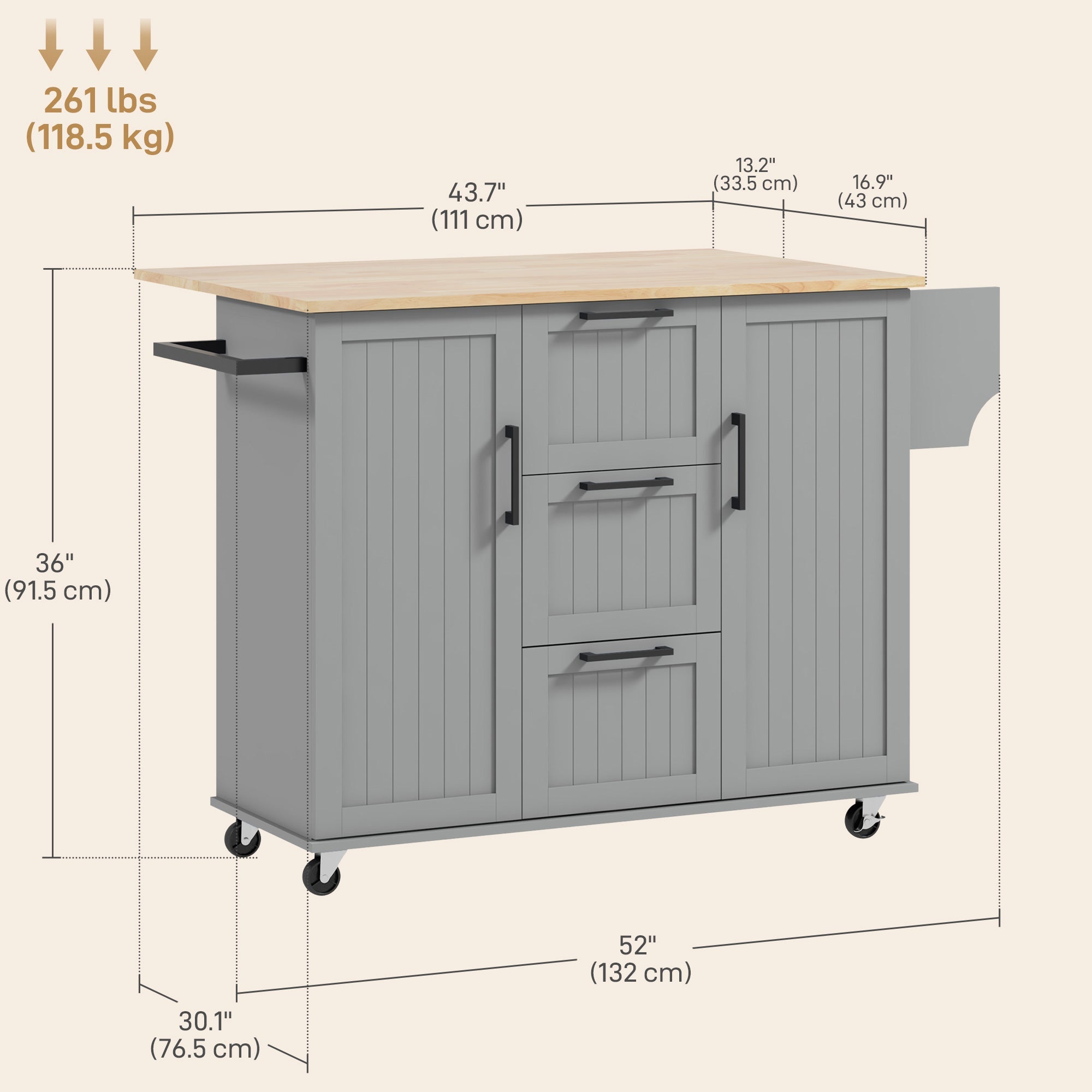 HOMCOM Rolling Kitchen Cart on Wheels with Drop Leaf, Kitchen Island with 3 Drawers, Solid Wood Top and Towel Rack, Grey