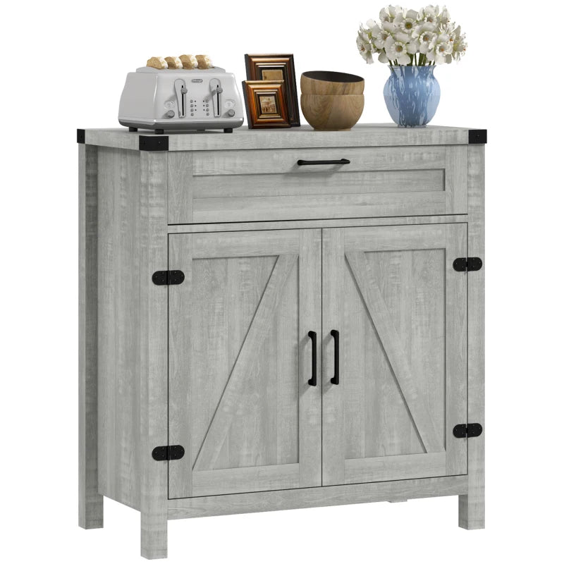 Farmhouse Kitchen Storage Cabinet, Sideboard Buffet Cabinet with 2 Rustic Barn Doors and Drawer, Grey
