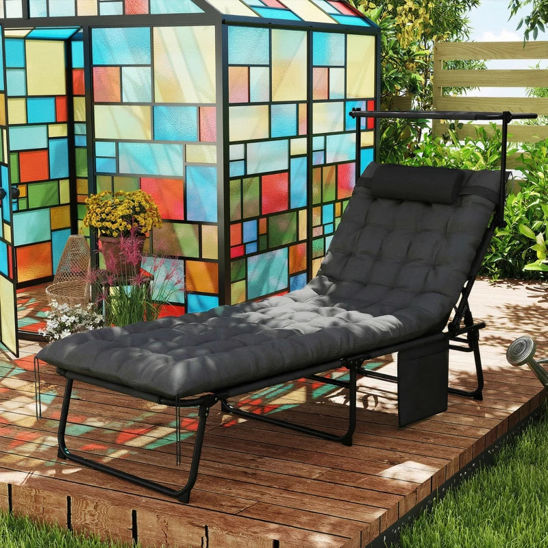Folding Lounge Chair with Adjustable Canopy, 4-Position Outdoor Tanning Chair with Headrest, Dark Grey