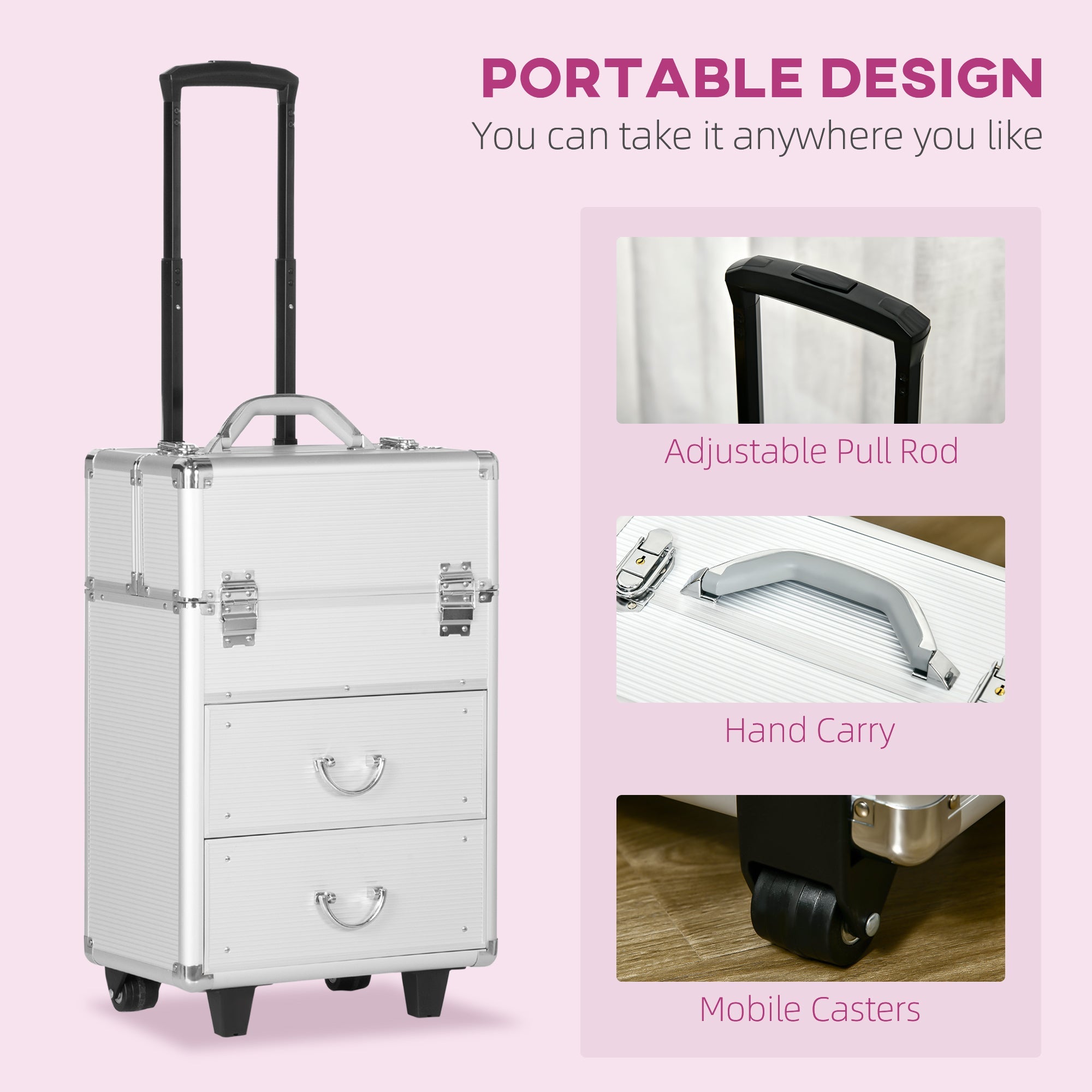HOMCOM Large Cosmetic Trolley Rolling Makeup Train Case Storage Lockable Cart Silver with Folding Trays Swivel Wheels