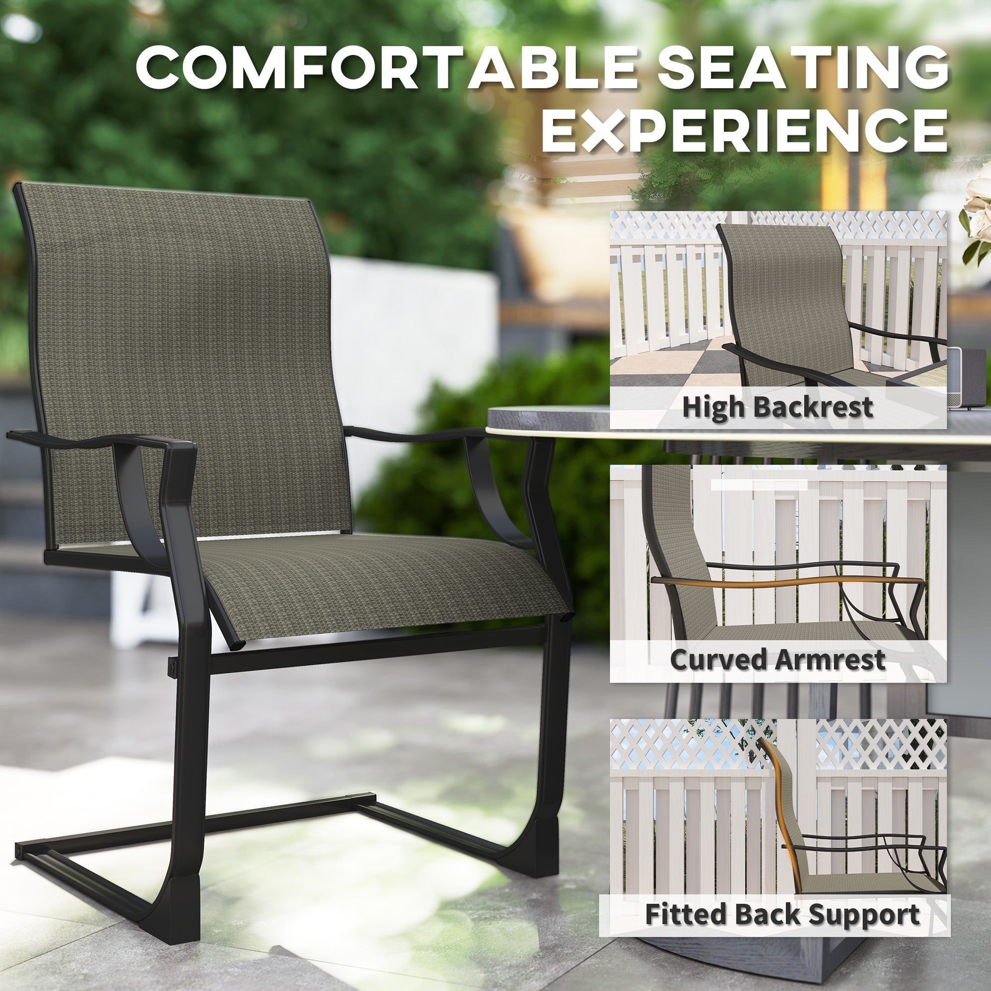 Outsunny C Spring Motion Patio Chairs Set of 2 with Curved High Backrest, Armrest, All Weather Breathable Fabric, Metal Frame