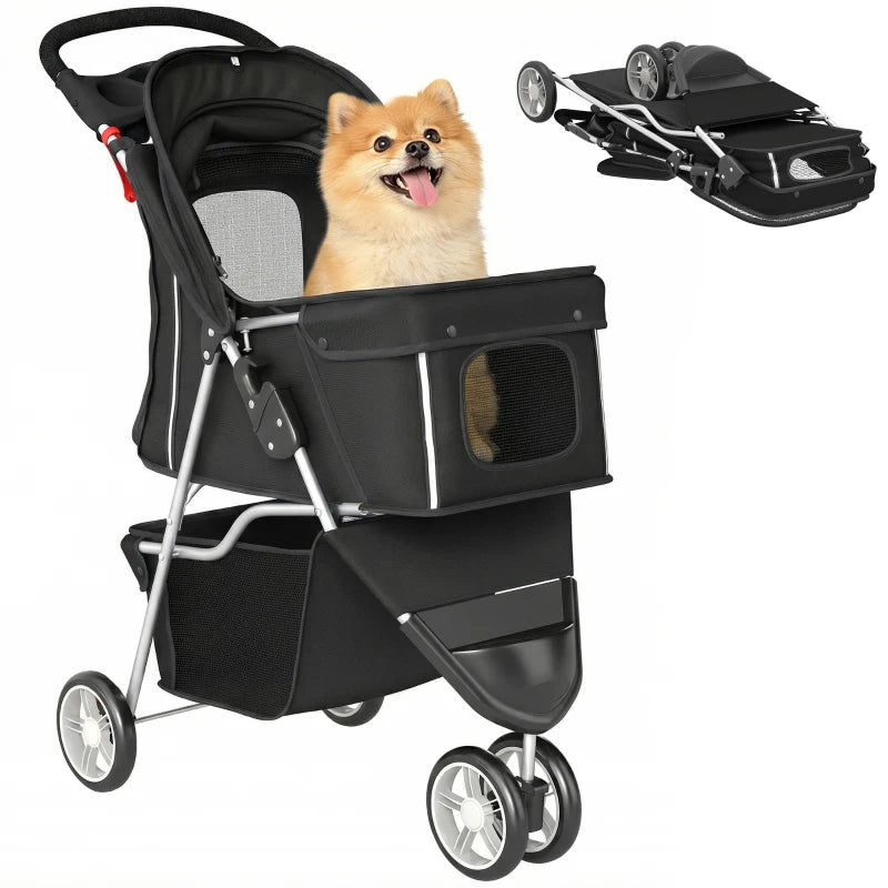 3 Wheels Foldable Dog Stroller with Storage Basket, Adjustable Canopy, Cupholder for Miniature and Small Dogs, Black