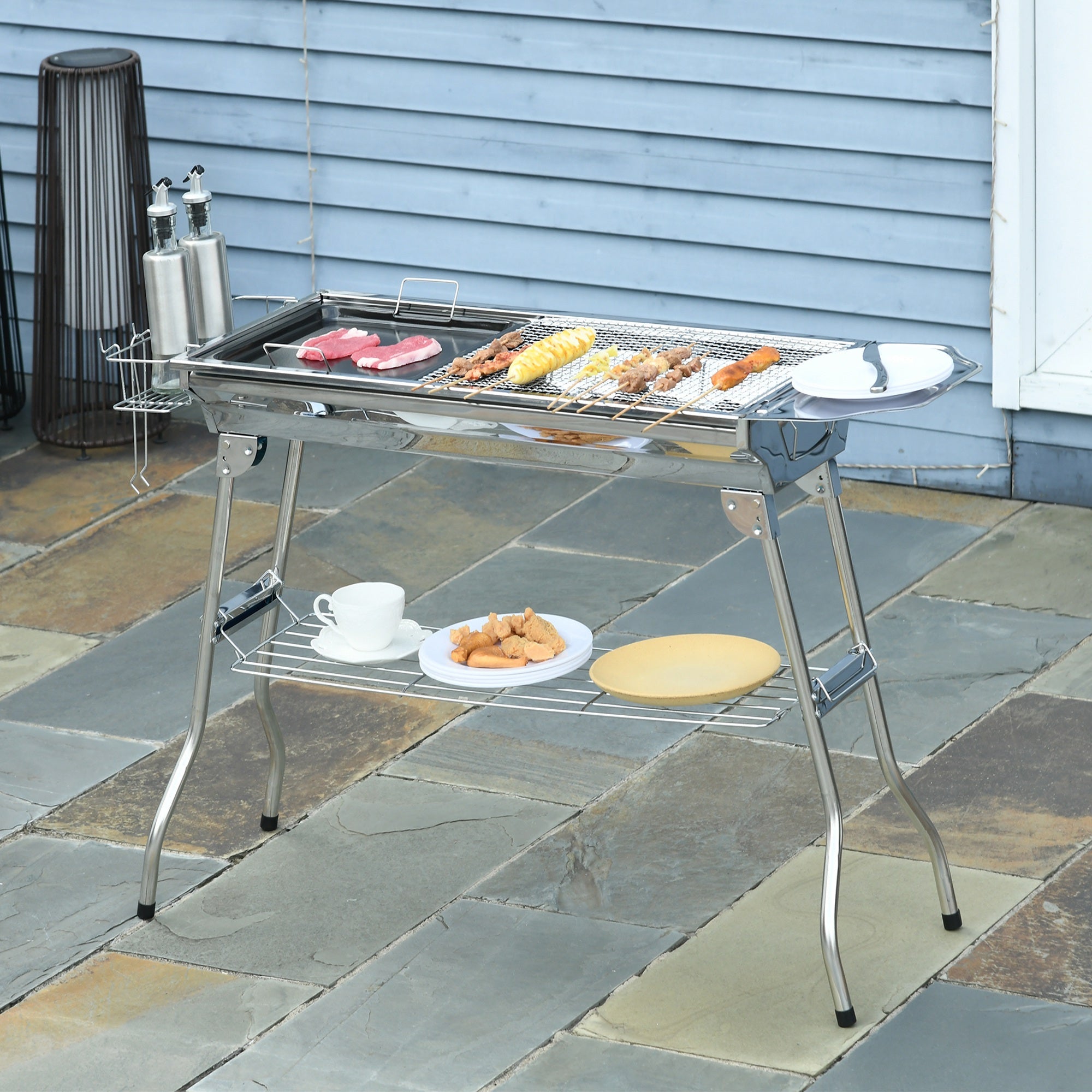 Outsunny Stainless Steel Portable Charcoal Grill Folding BBQ with Shelf Basket Pan for Camping Travel