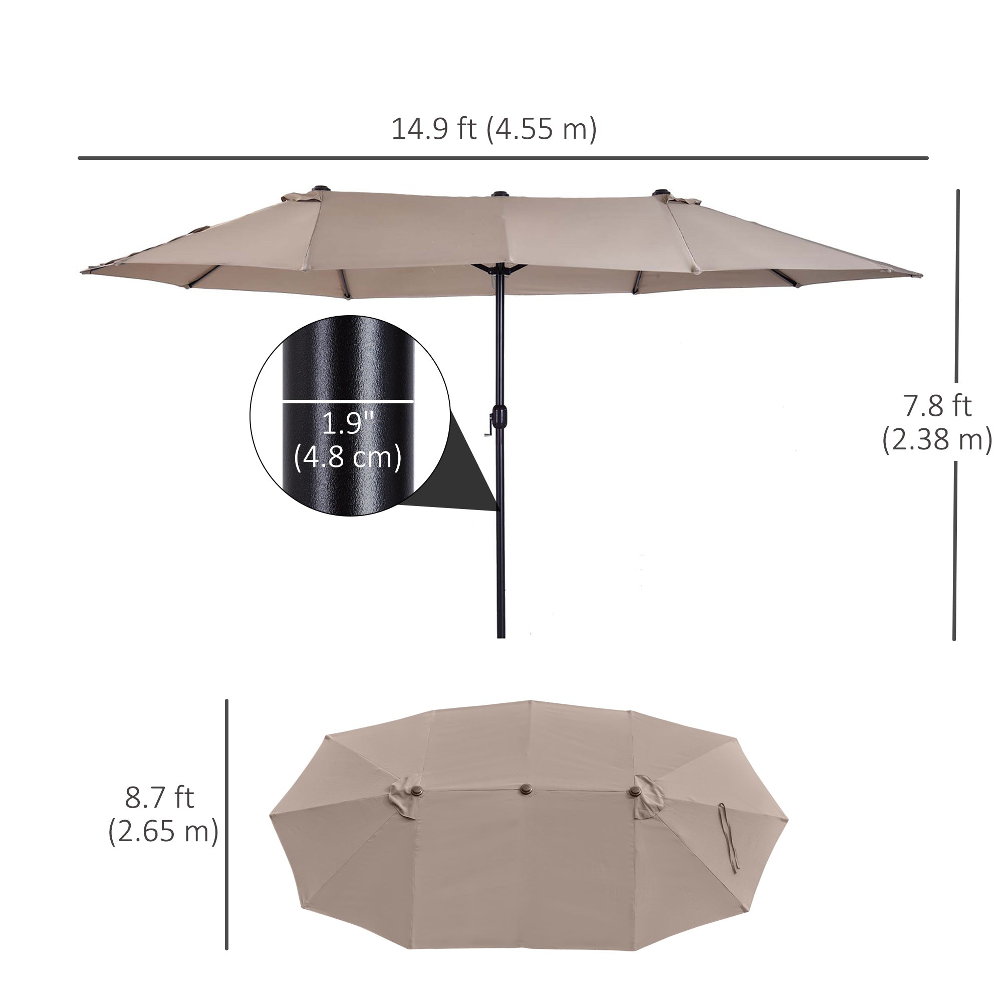 Outsunny 15' Outdoor Patio Umbrella with Twin Canopy Sunshade & Steel Table Umbrella with Lift Crank, Tan