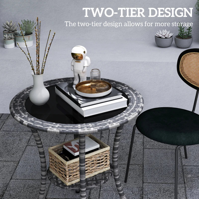 Outdoor Rattan Dining Table, Patio Wicker Round Coffee Table with 2-Tier Storage Shelf, Mixed Grey