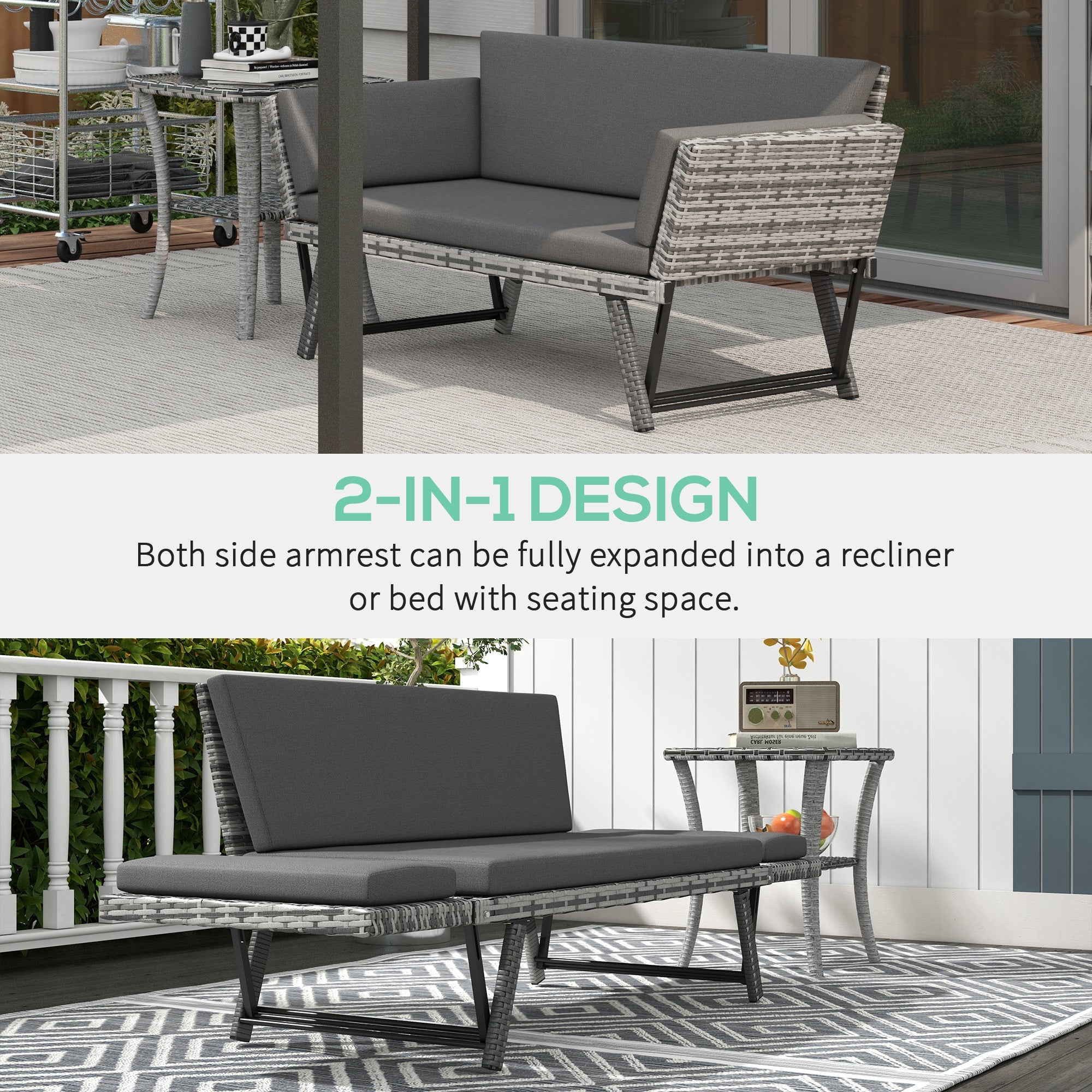 Outsunny Convertible Wicker Loveseat Grey Patio Chaise Lounge