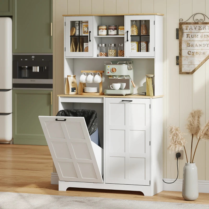 Kitchen Pantry Cabinet with Charging Station, 7 Gallon Trash Can Cabinet, Adjustable Shelves and Acrylic Doors, Multifunctional Cabinet, White