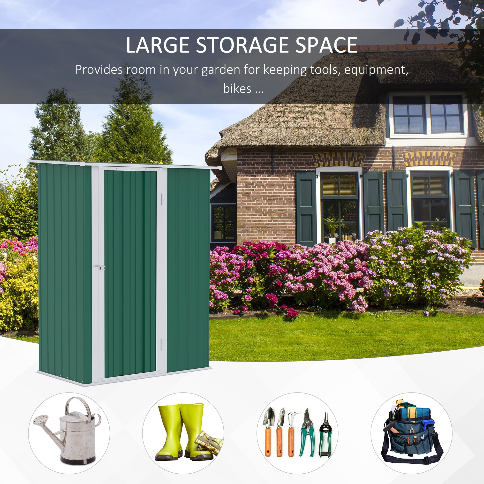 Outsunny Metal Outdoor Storage Shed 5x3 ft - Green, with Sloped Roof & Lockable Door for Tools and Bikes