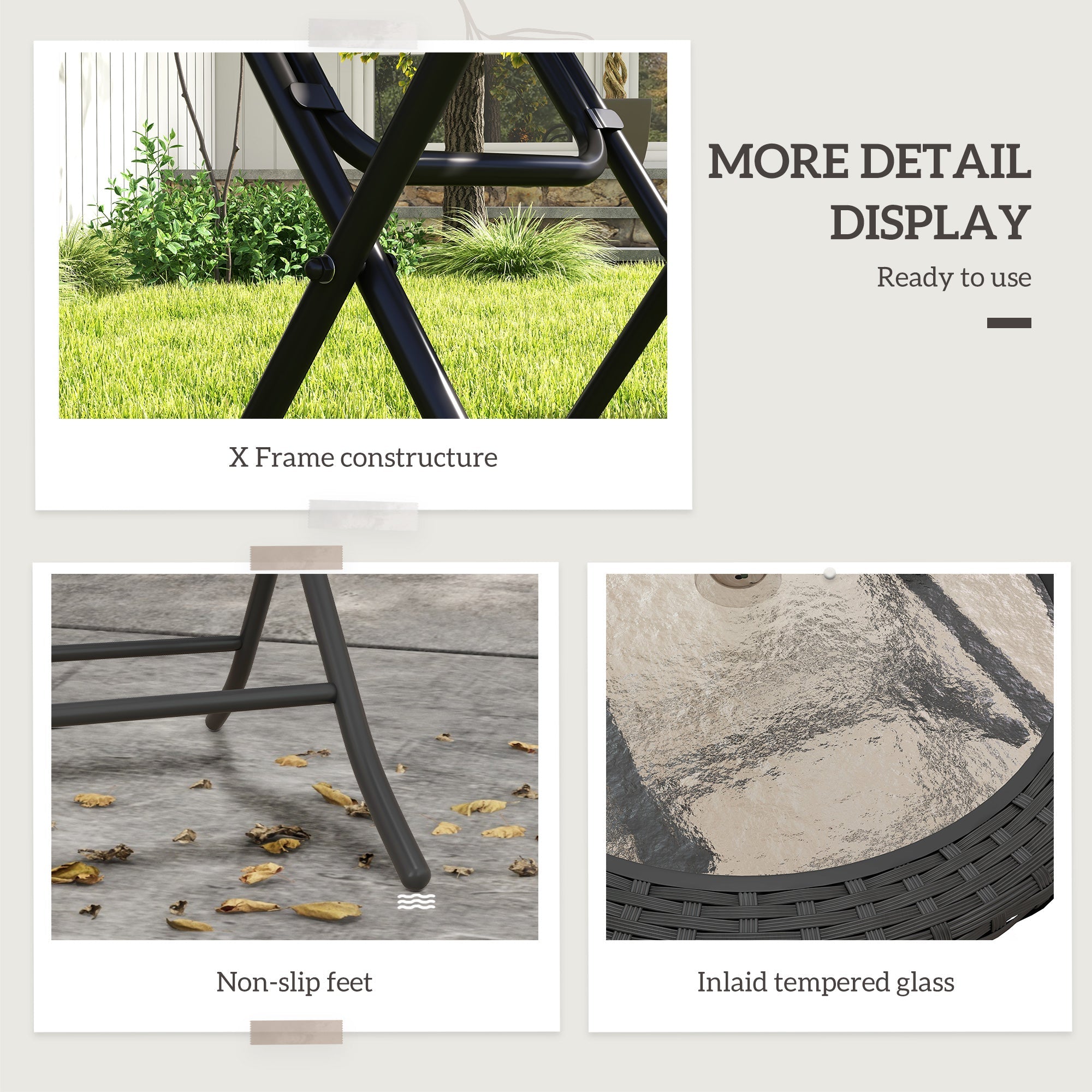Outsunny Folding Round Table Tempered Glass Metal with Rattan Edging Black