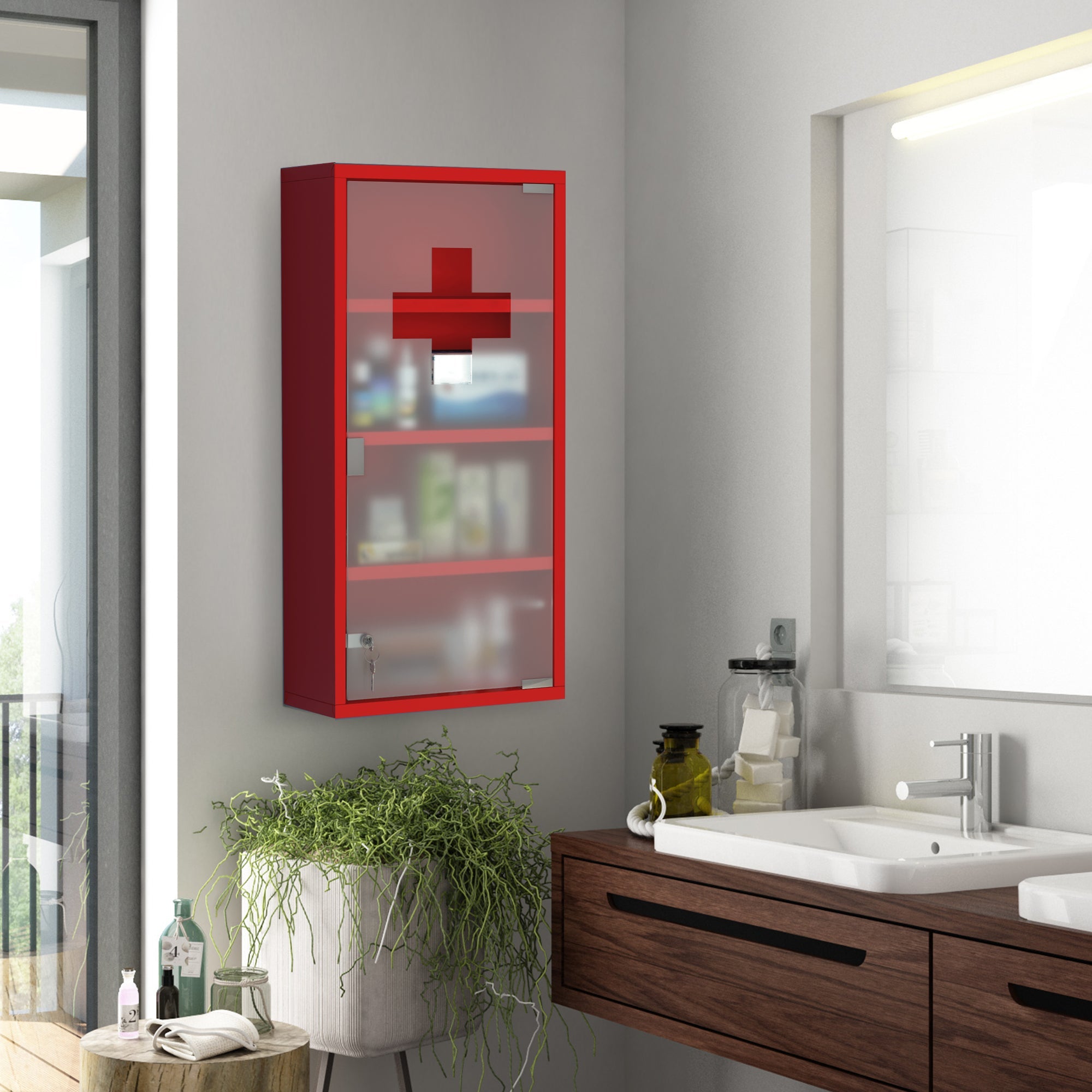 HOMCOM Wall Mount Medicine Cabinet Bathroom 4 Tier Shelves Steel Frame Glass Door Lockable 2 Keys