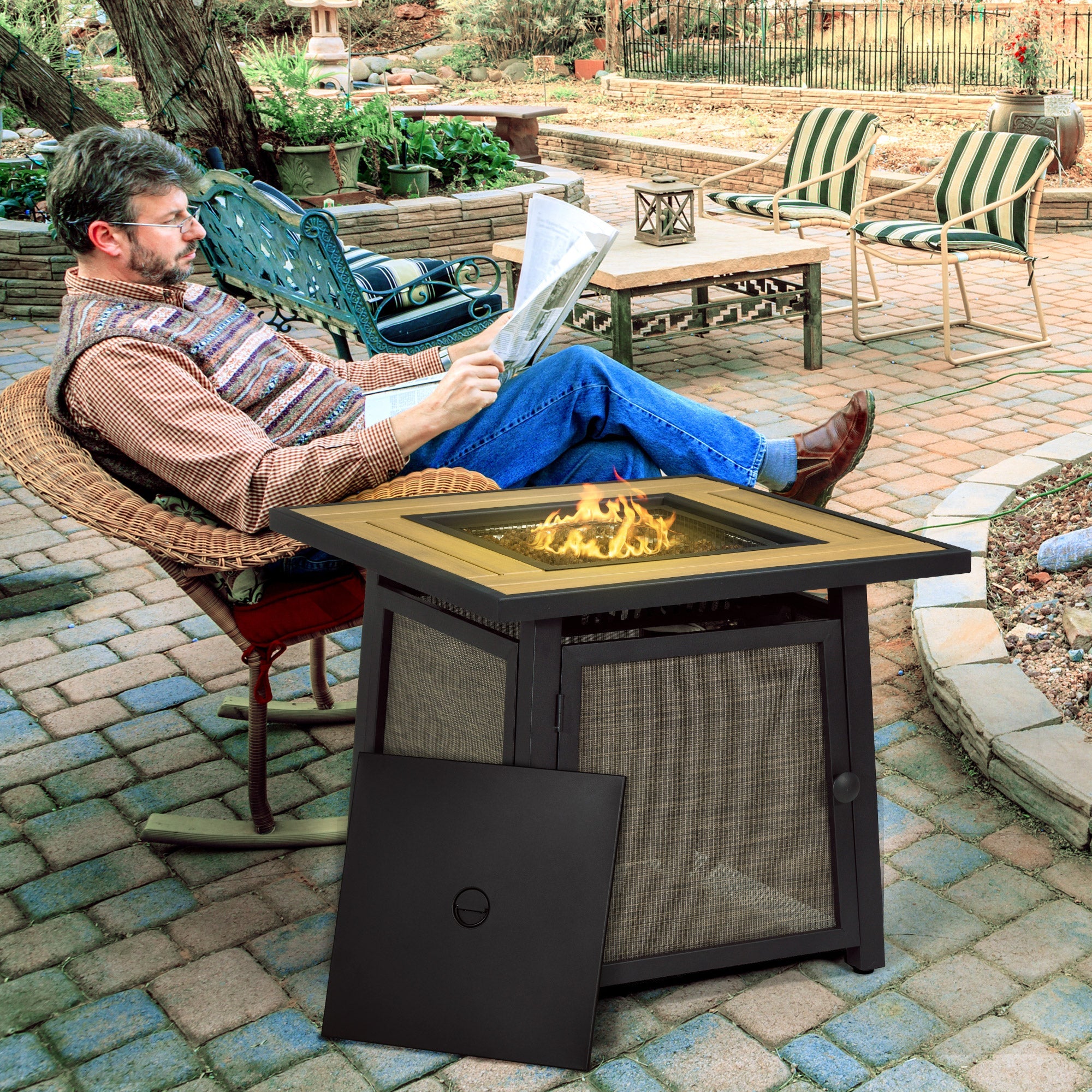Outsunny 50,000 BTU Propane Fire Table, 28" Gas Firepit Table with Pulse Ignition, Lava Rocks, Rain Cover, Brown