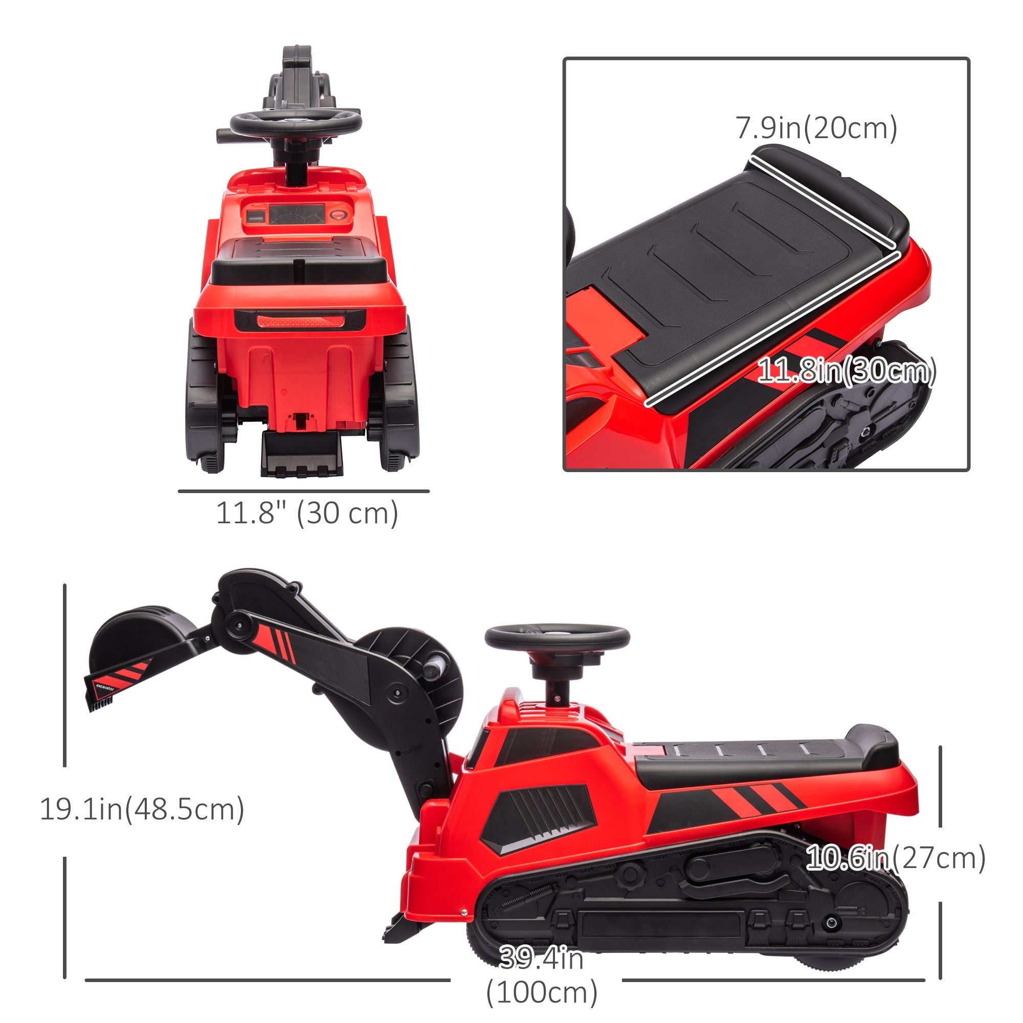 Aosom 3-in-1 Ride On Red Excavator Bulldozer Road Roller with Music Kids Construction Toy Vehicle