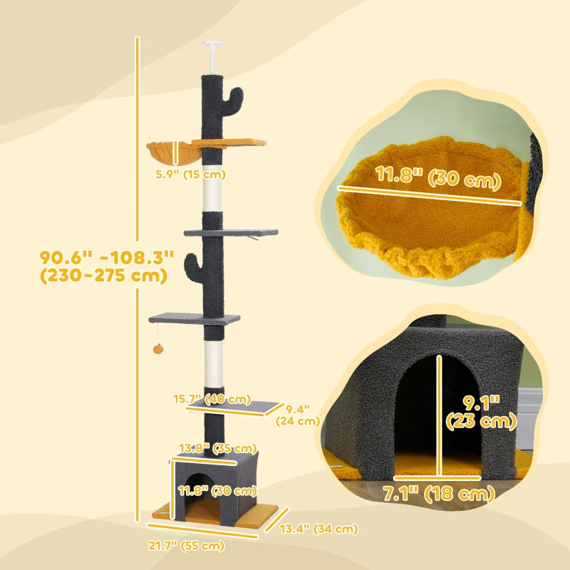 Floor to Ceiling Cat TreeTower with 90.5"-108" Adjustable Height, Scratching Posts, Hammock, Condo, Toy Ball, Dark Grey