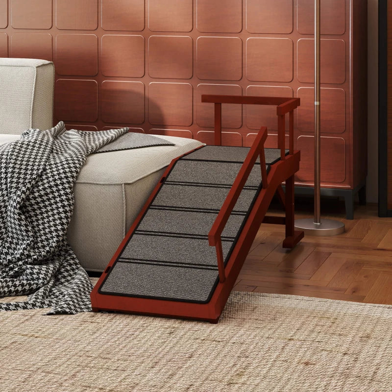 Wooden Dog Ramp for Large Dogs, 49" Long, with Non-slip Rug, Removable Guardrails for Couch, Bed, Brown