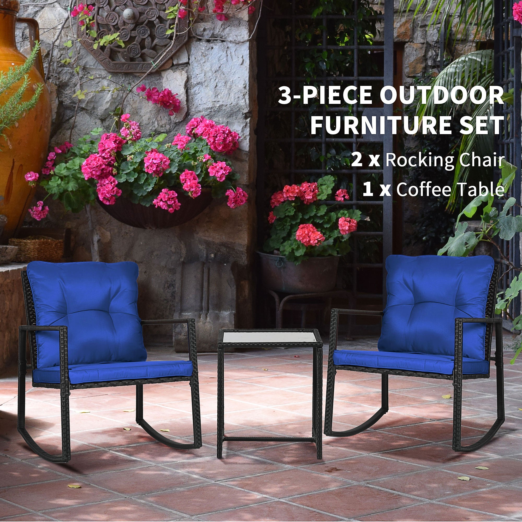 Outsunny Rocking Bistro Set 3PC Outdoor Wicker Patio Furniture with Glass Coffee Table Rocking Chairs for Porch