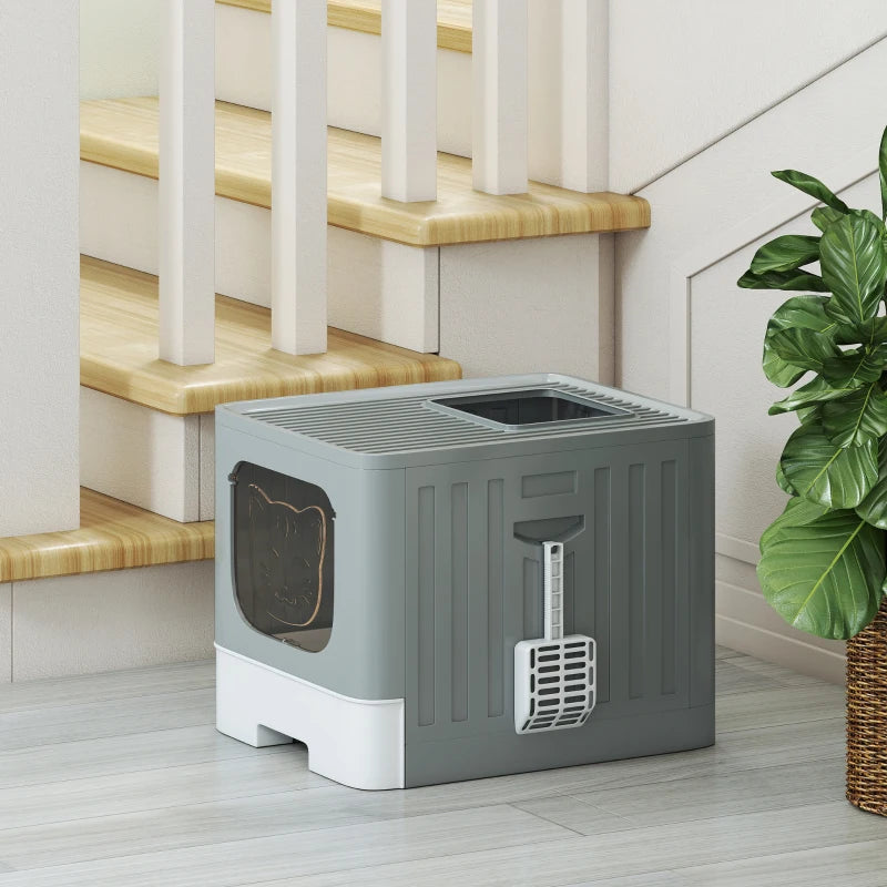 Foldable Cat Litter Box with Lid, Slide-Out Drawer, Scoop, Easy Clean, Odour Control, Anti-Splashing, Grey