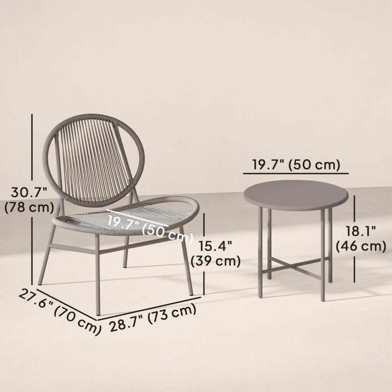 Rattan Bistro Set, 3 Pieces Wicker Patio Furniture Set, Acapulco Chairs and Steel Table for Porch, Balcony, Light Grey