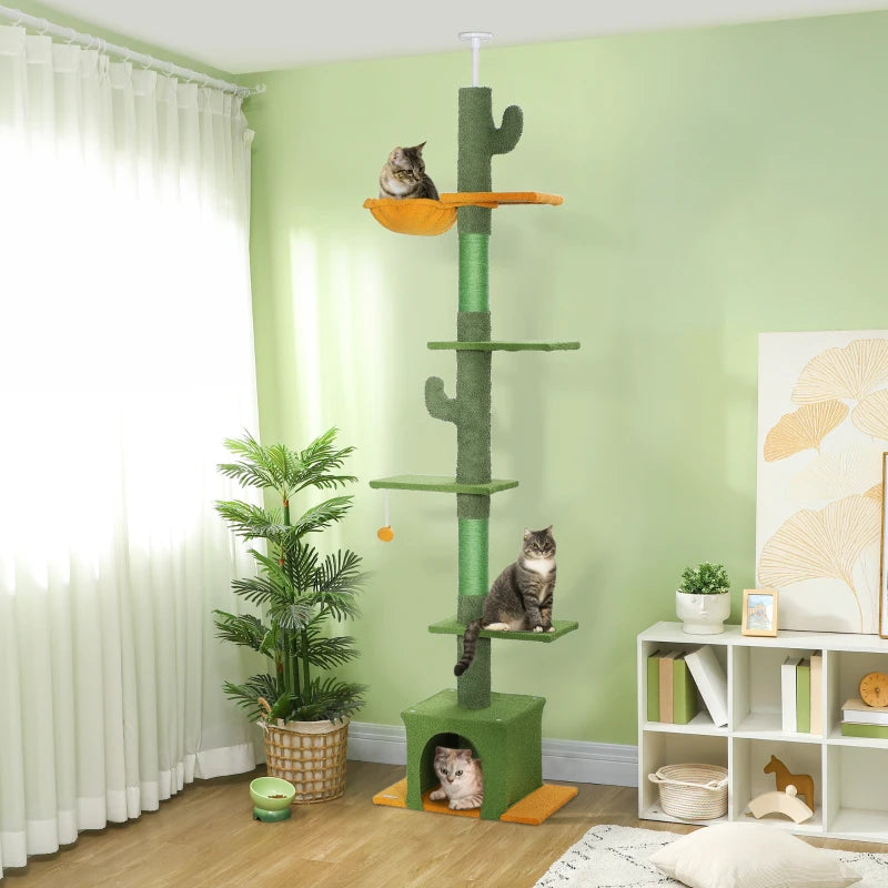 Floor to Ceiling Cat TreeTower with 90.5"-108" Adjustable Height, Scratching Posts, Hammock, Comdo, Toy Ball, Green