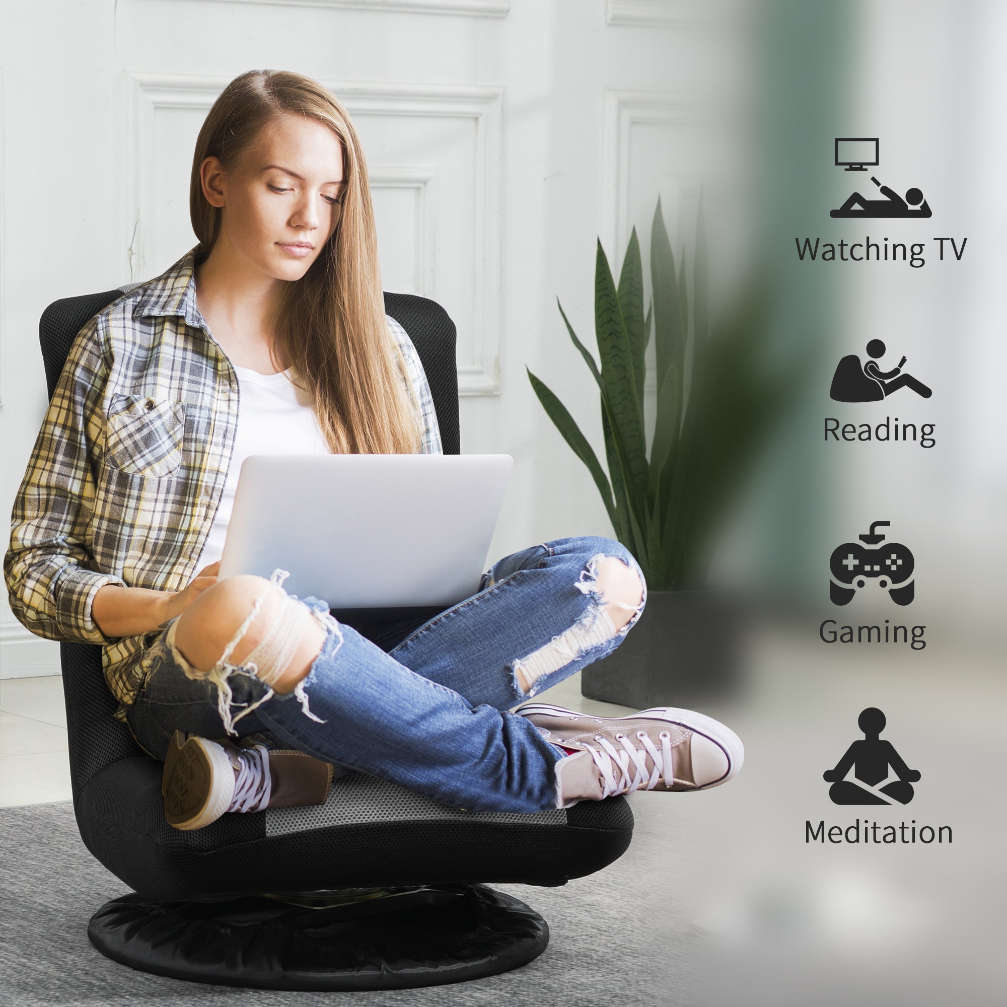 HOMCOM 360 Degree Swivel Gaming Chair Folding Floor for Adults Teens 6-Position Adjustable Lazy Sofa Black