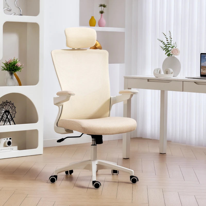 Ergonomic Office Chair, Swivel Desk Chair with Adjustable Lumbar Support, Headrest and Height, Flip-up Armrests, Beige
