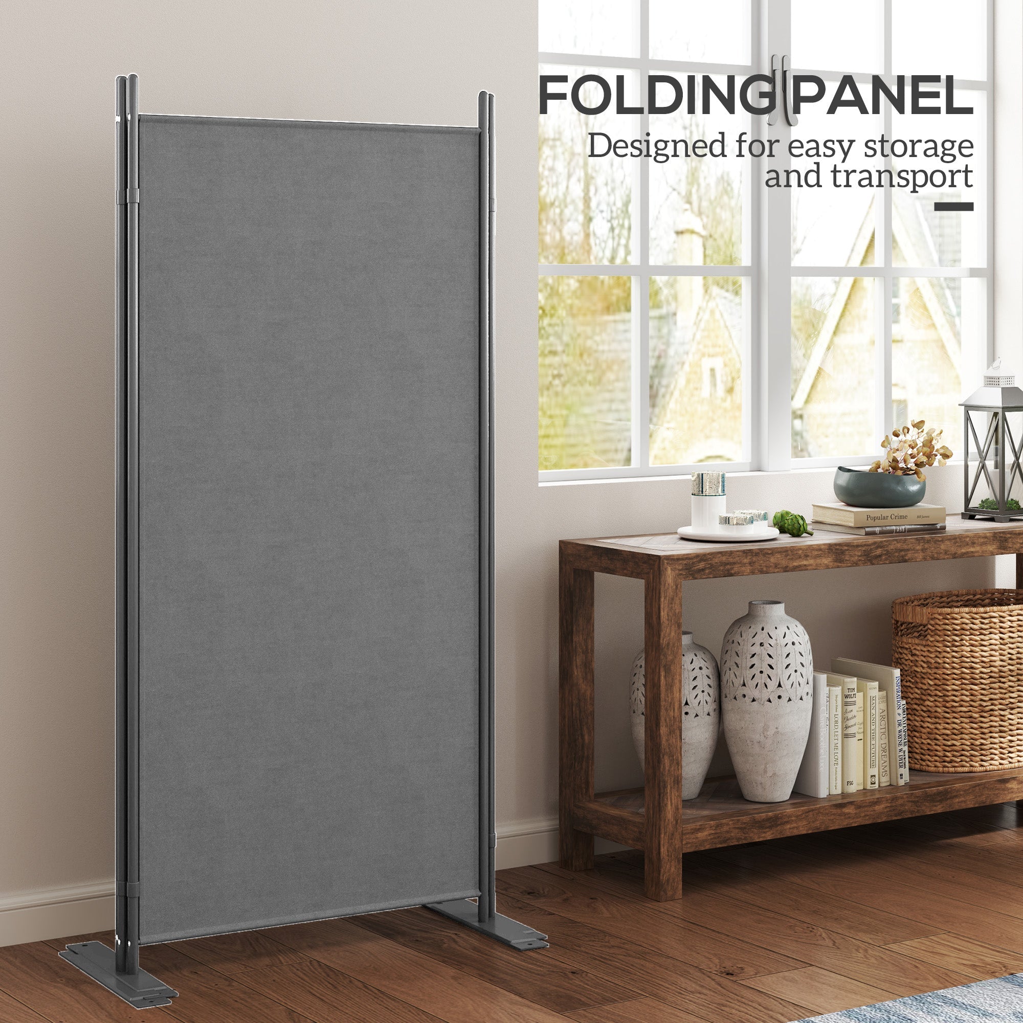 Outsunny 3 Panel Folding Outdoor Privacy Screen, 5.8FT Tall Room Divider with UV30+ Protection, Freestanding Privacy Panel Partition with Stable Base for Indoor Outdoor, Dark Grey