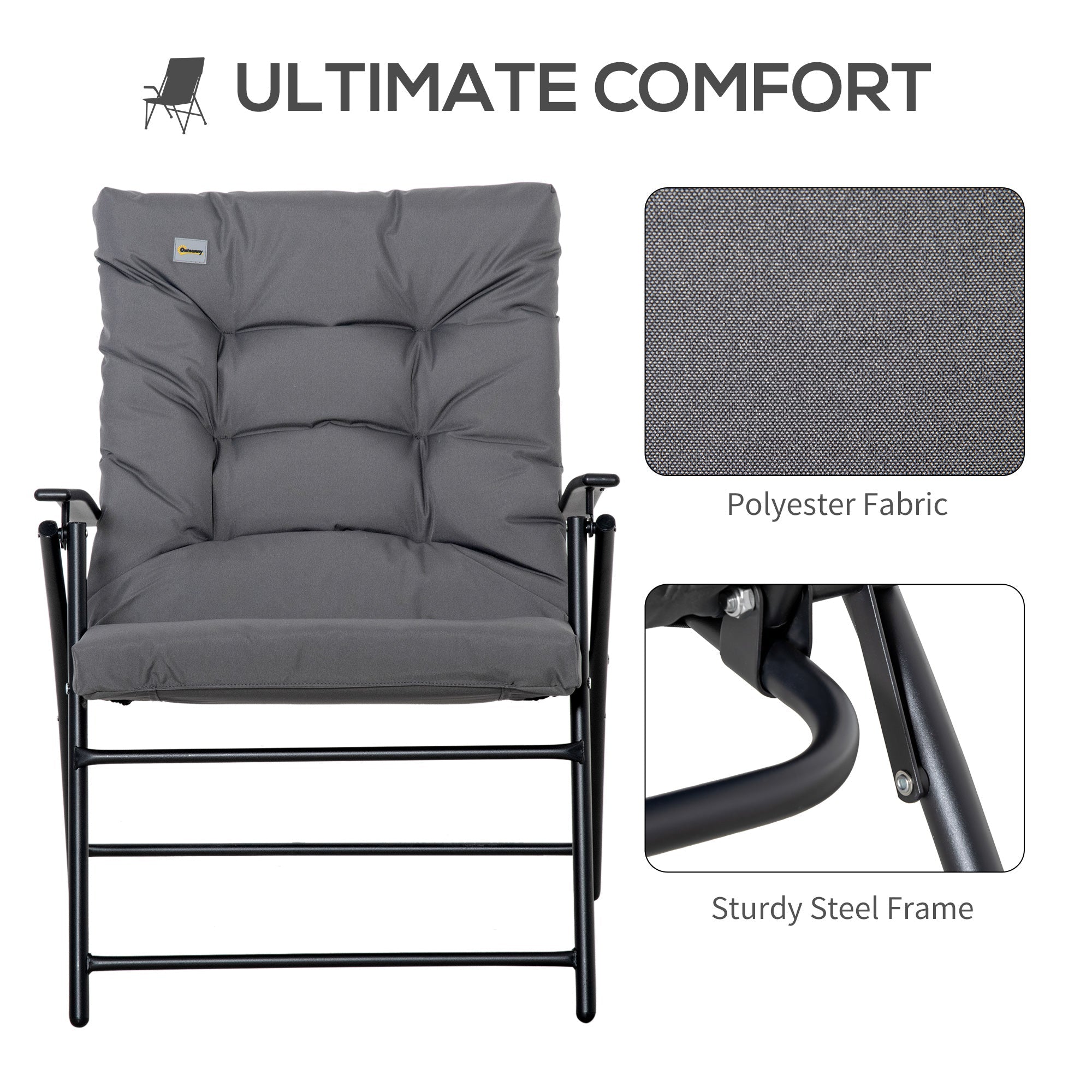 Outsunny Foldable Lounge Chair, Fabric Upholstered Recliner, Outdoor Lounger with Armrest, Metal Frame Camping Beach Chair, Grey