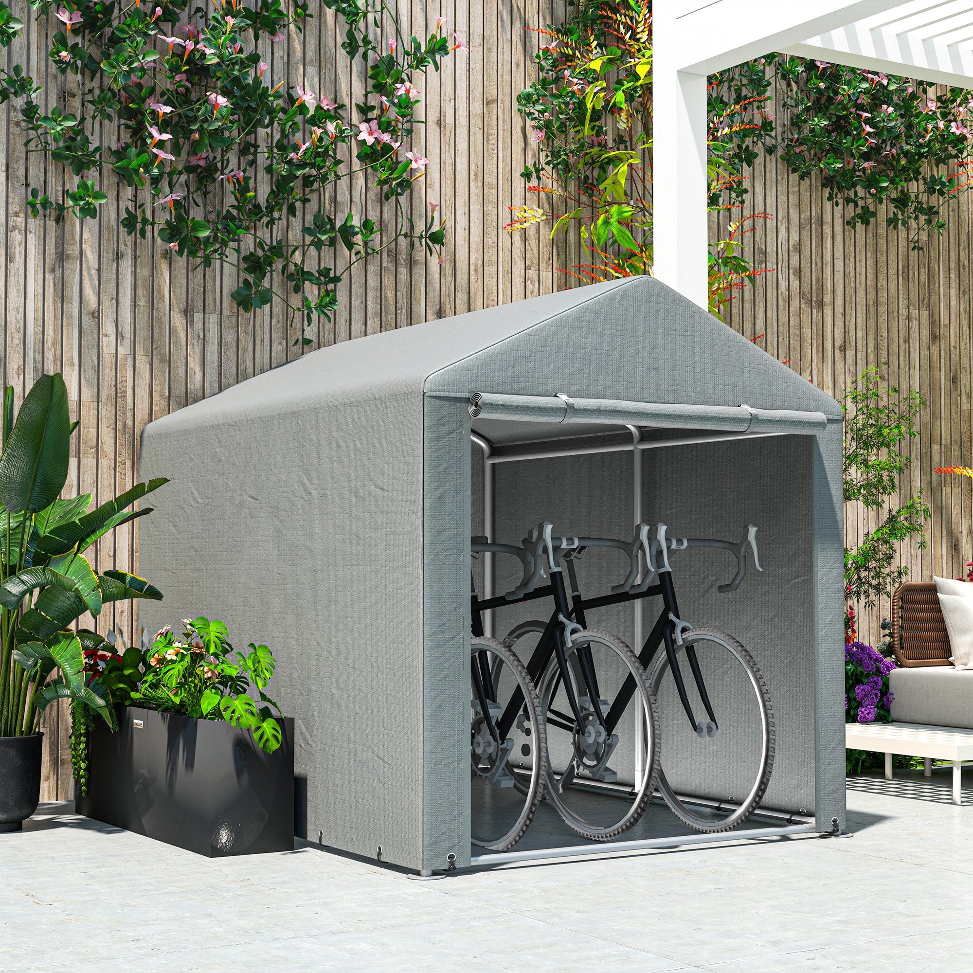 Outsunny Portable Bicycle Shed with Galvanized Steel Frame and Large Door, Waterproof Outdoor Shed for Garden Tools, Light Grey