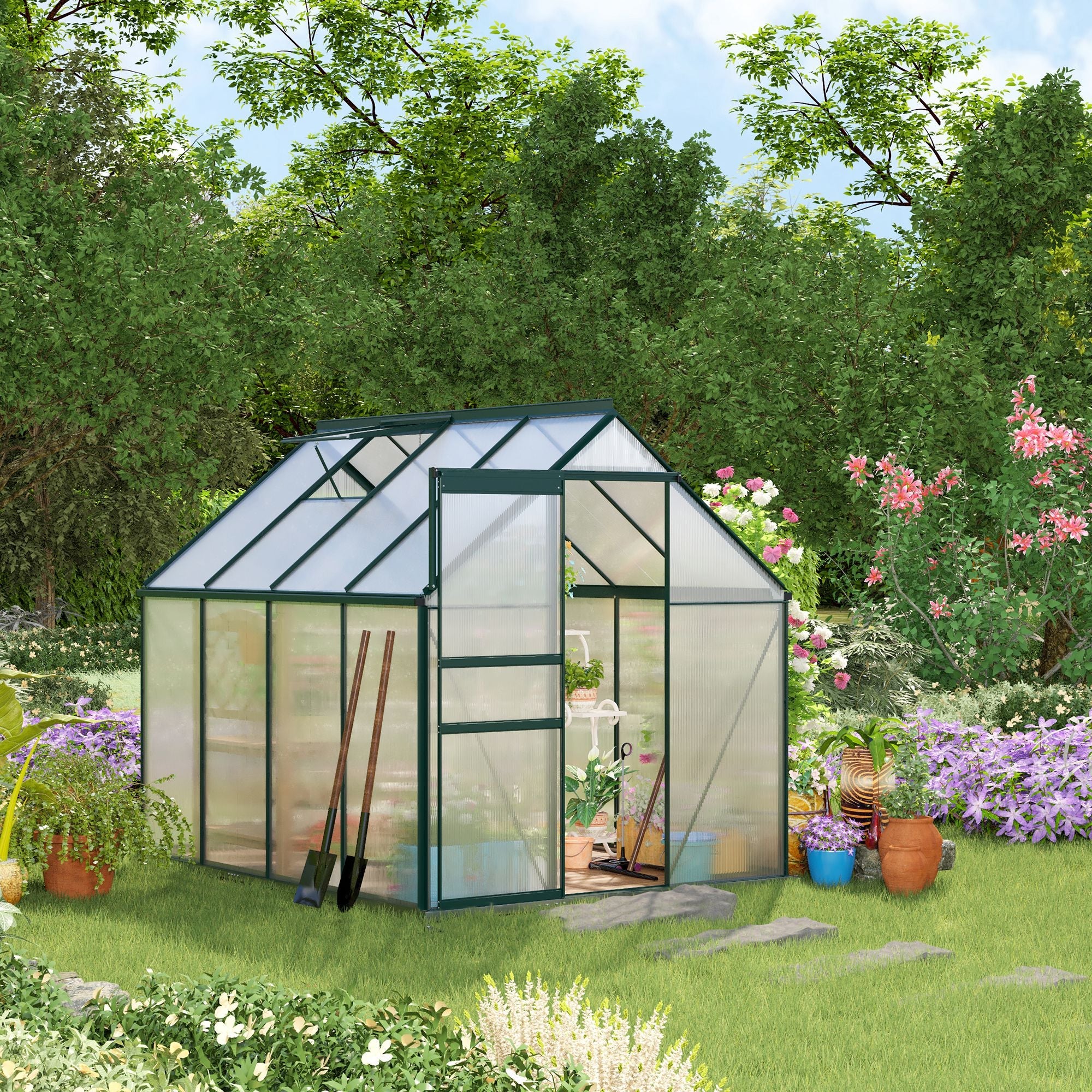 Outsunny 6' x 8' x 6.5' Polycarbonate Greenhouse, Walk-in Green House with Adjustable Roof Vent Galvanized Base Sliding Door Rain Gutter for Outdoor Garden Backyard, Green