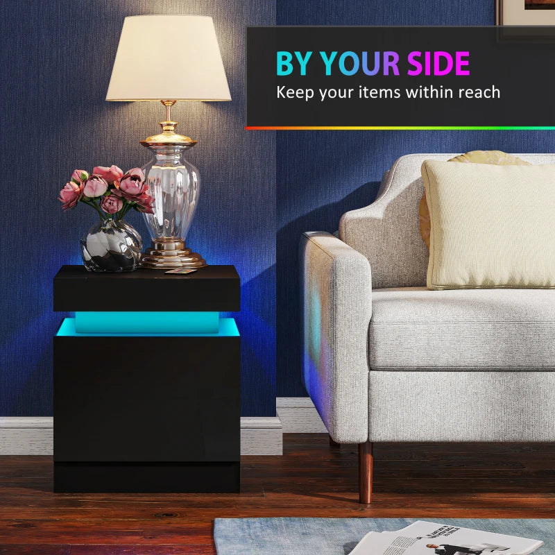 Nightstand Set of 2, End Side Tables with LED Lights, Bedside Tables with 2 Drawers, for Bedroom, Black