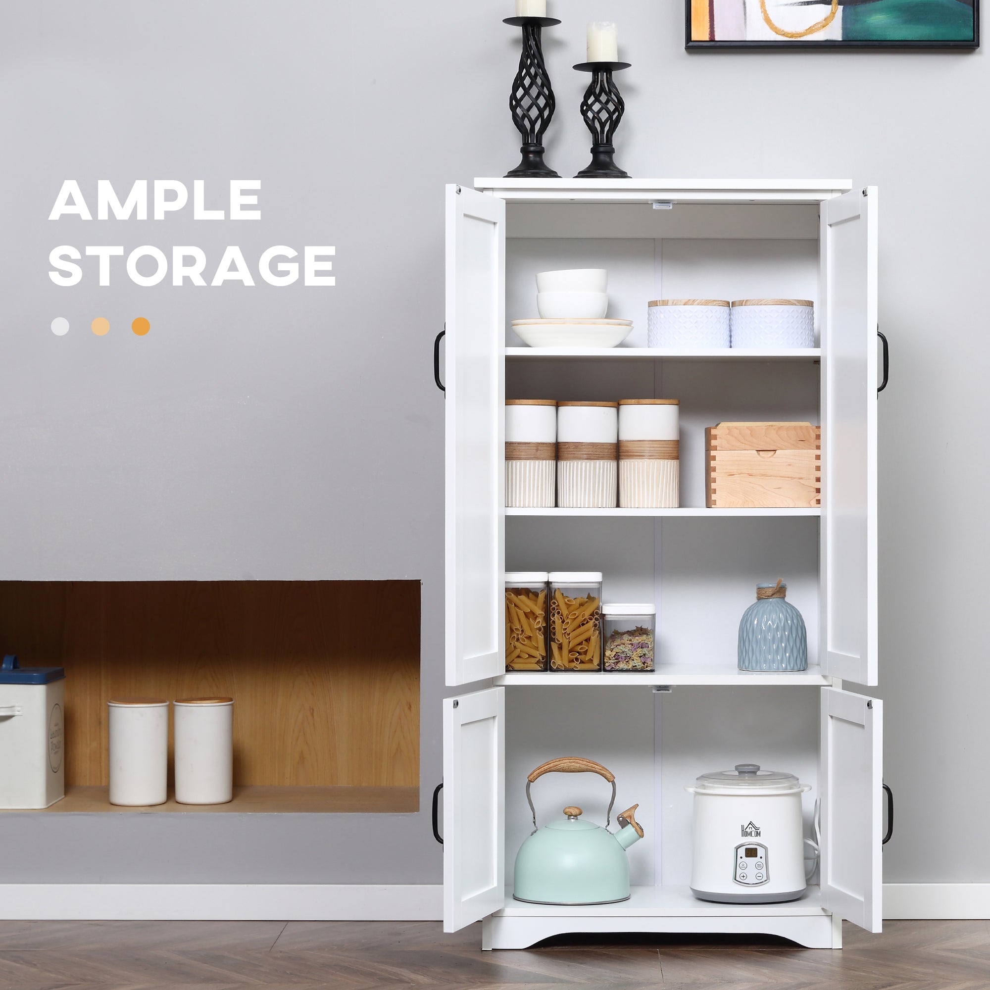 HOMCOM White Accent Kitchen Pantry Cabinet: Floor Storage Cupboard with Adjustable Shelves and Doors