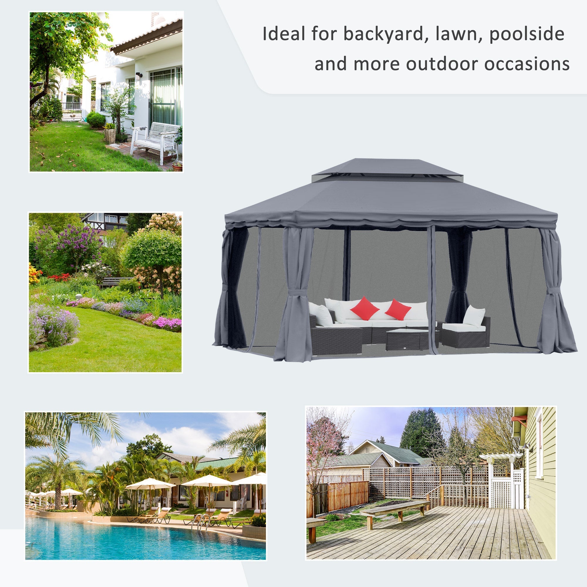 Outsunny Soft-top Gazebo 13x10ft Double Roof Canopy Vented Mesh Sidewall Aluminum Frame Dark Grey