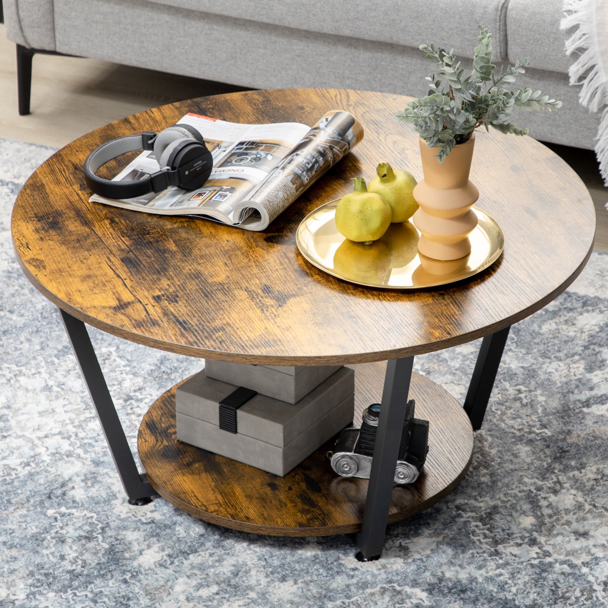 HOMCOM Rustic Brown Round Coffee Table: Center Table with Storage Shelf and Steel Frame for Living Room
