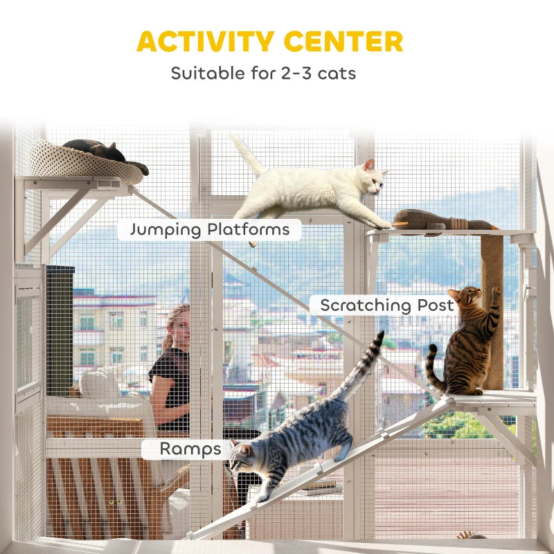 Wooden Catio Outdoor Cat Enclosure with 6 Jumping Platforms, Scratching Post, 2 Ramps, Waterproof Roof, White