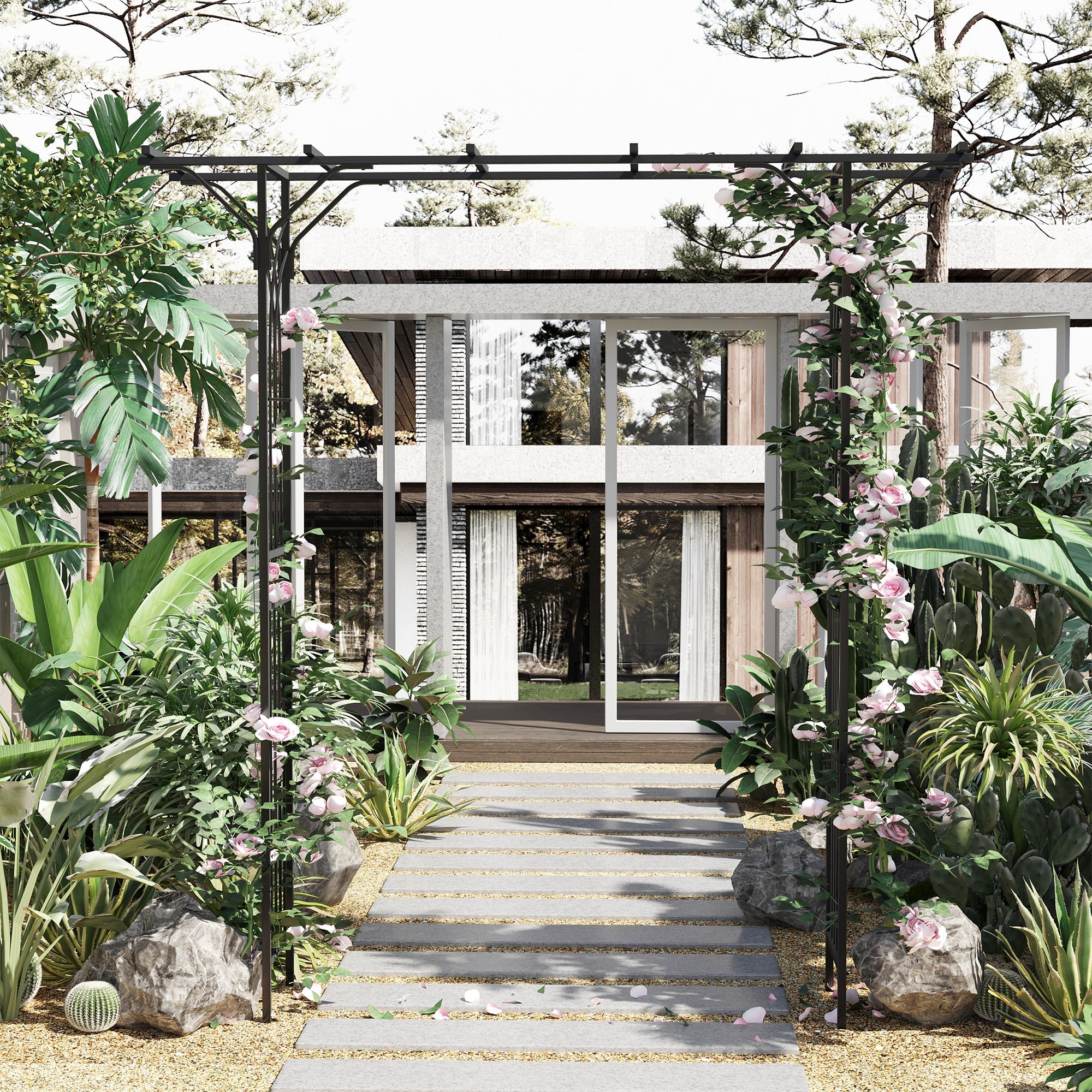 Outsunny Metal Garden Arch 7ft Outdoor Arbor for Climbing Plants Wedding Decor Black