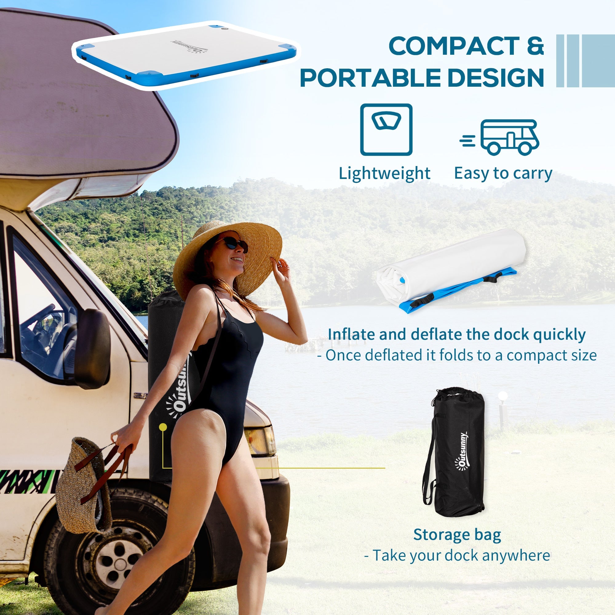 Outsunny 8' x 6' Water Floating Dock, Rafting Inflatable Island with Air Pump and Backpack for Pool, Beach, Ocean, Blue