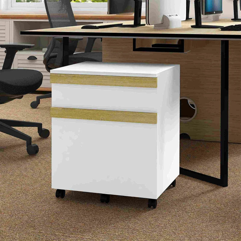 Mobile Filing Cabinet with 2 Drawers, Office Storage Cabinet with 5 Wheels, White Wood Grain