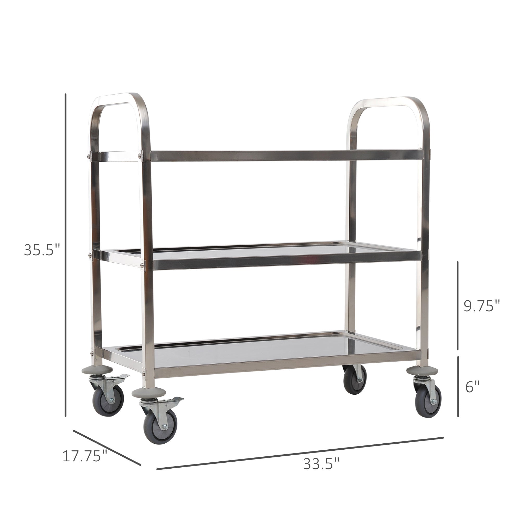 HOMCOM 33" Stainless Steel Utility Cart: 3-Tier Rolling Kitchen Trolley & Medical Lab Equipment Island with Storage