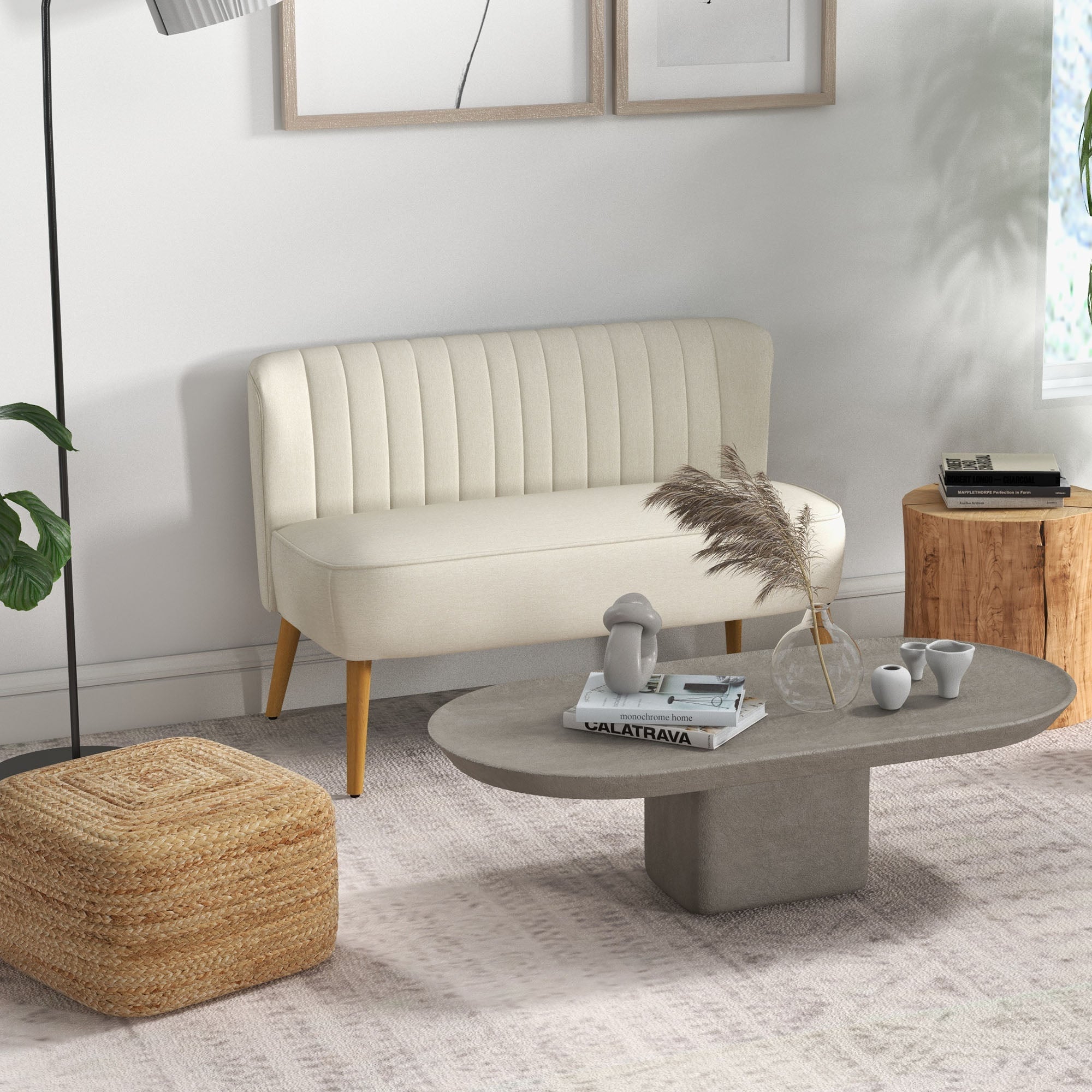 HOMCOM Modern 2 Seat Sofa for Bedroom, Upholstered Two Seater Couch with Rubber Wood Legs, Cream White